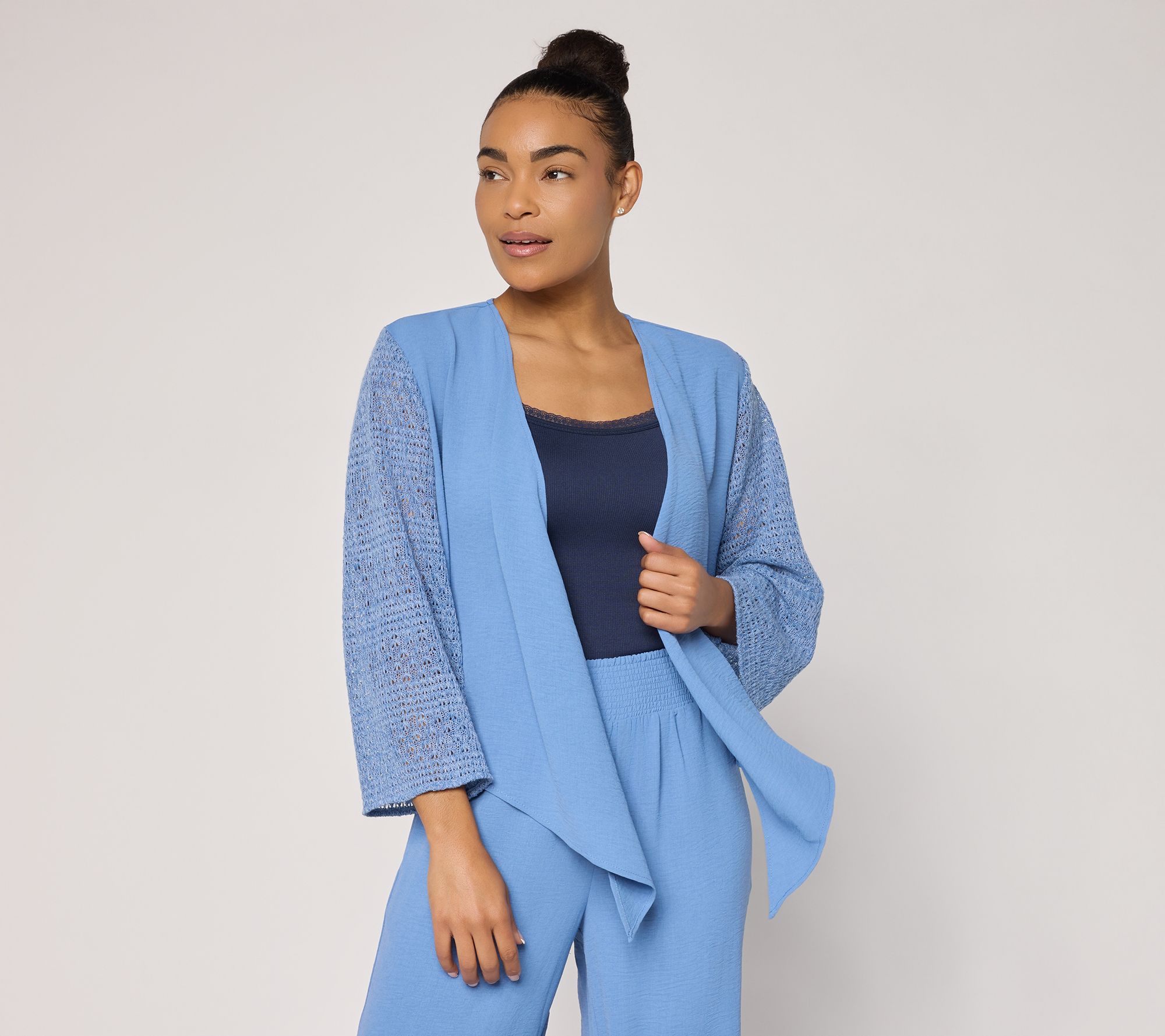 "As Is" Susan Graver Weekend Woven Cardigan with Crochet Lace