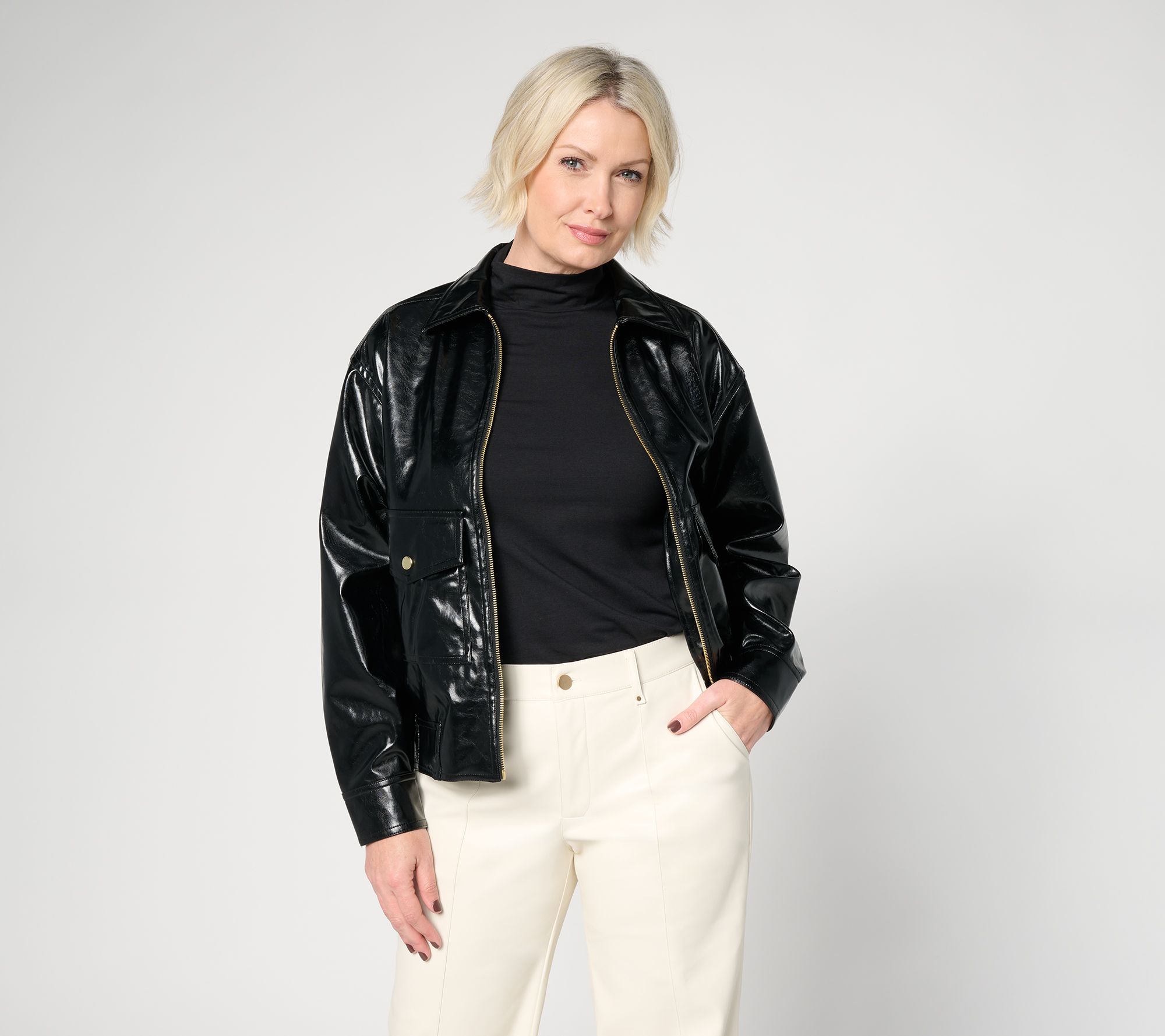 Off Duty Zip Front Faux Patent Leather Jacket