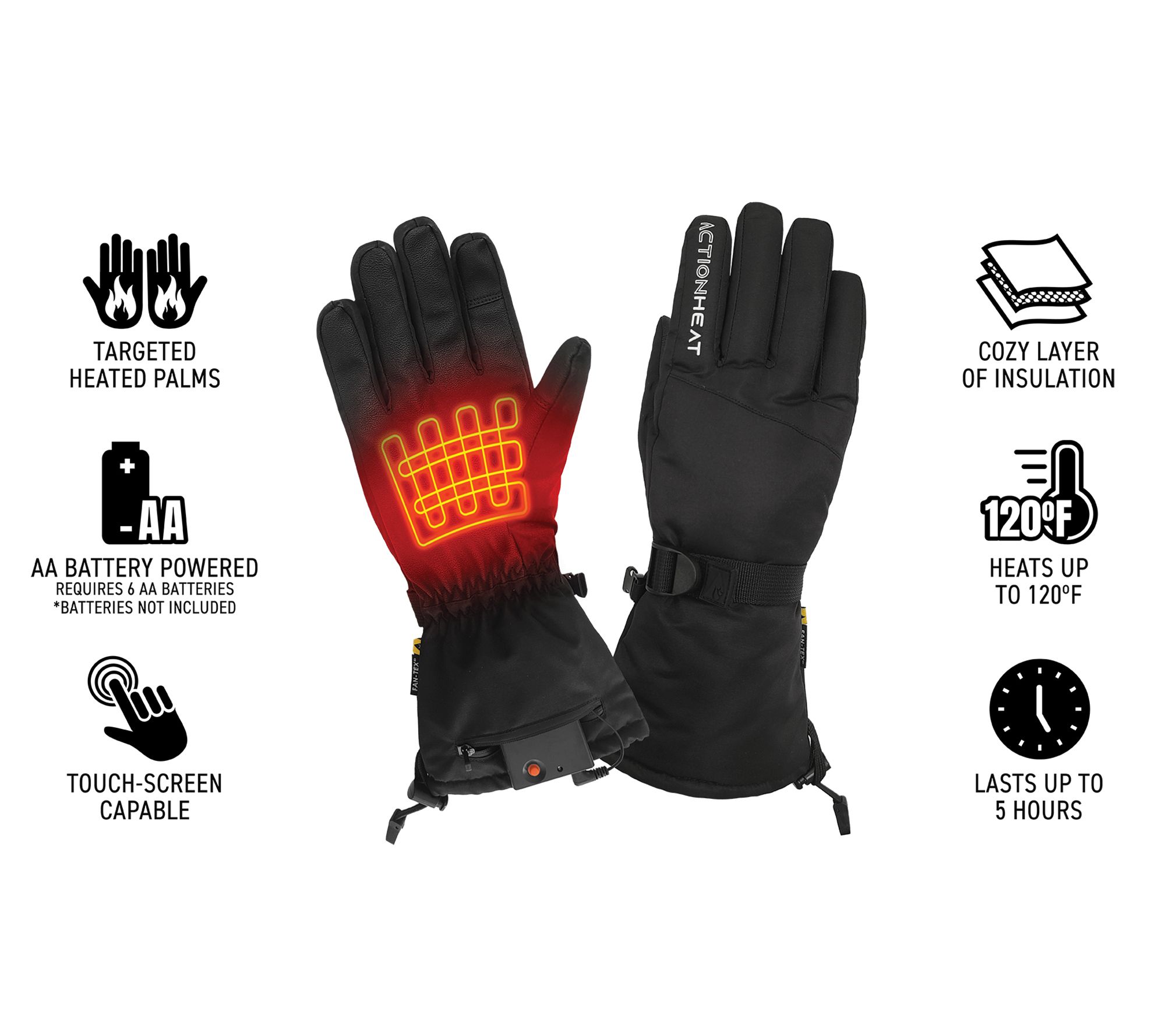 ActionHeat Adjustable AA Battery Heated Snow Gloves