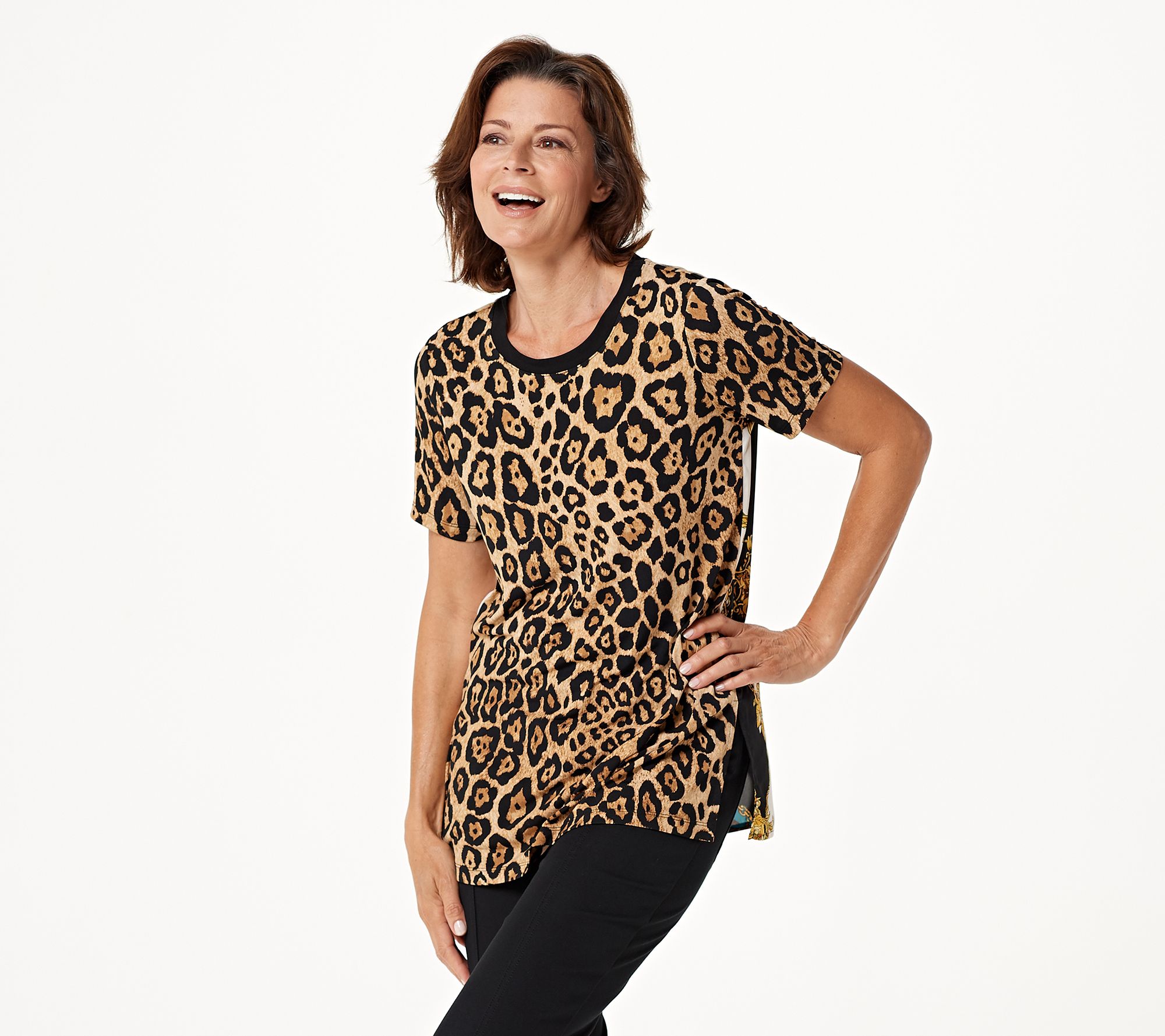 Susan Graver Printed Liquid Knit Tunic with Woven Back - QVC.com