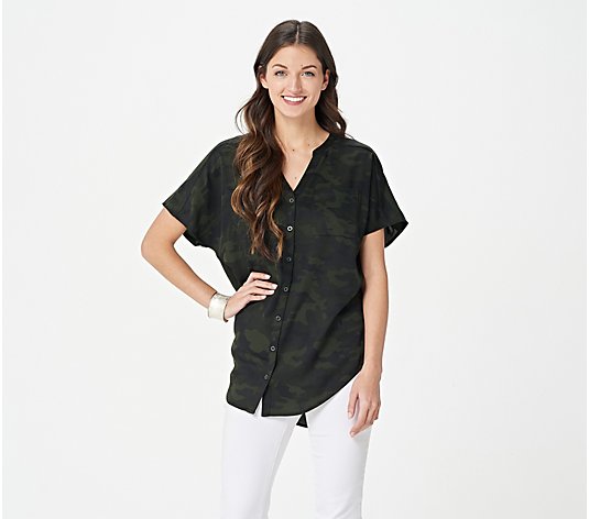 Belle by Kim Gravel Slouchy Stretch Button Front Camp Shirt