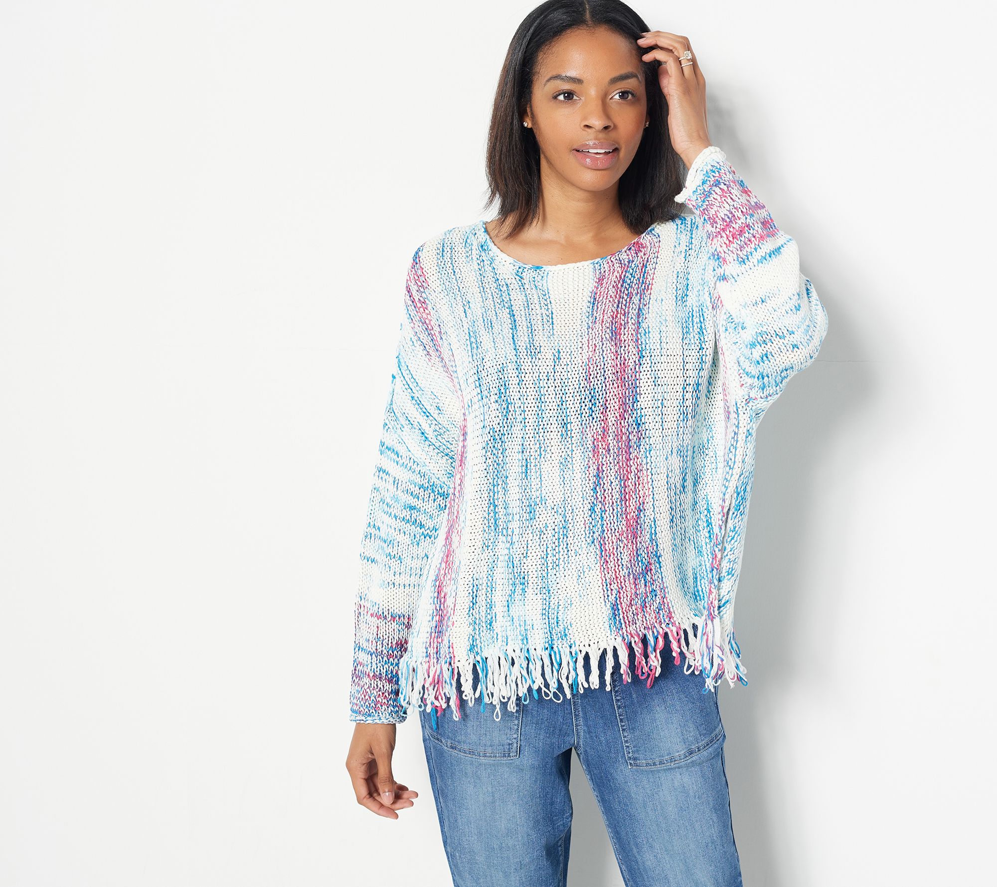 "As Is" Laurie Felt Baja Sweater with Fringe Hem Detail