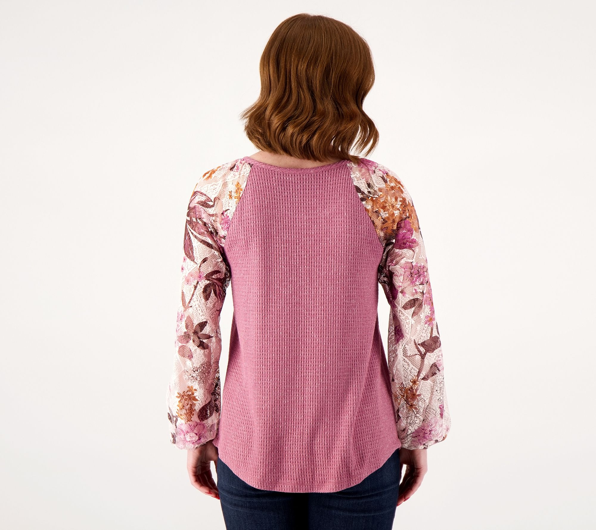 Susan Graver Weekend Textured Knit Top with Lace Sleeves - QVC.com