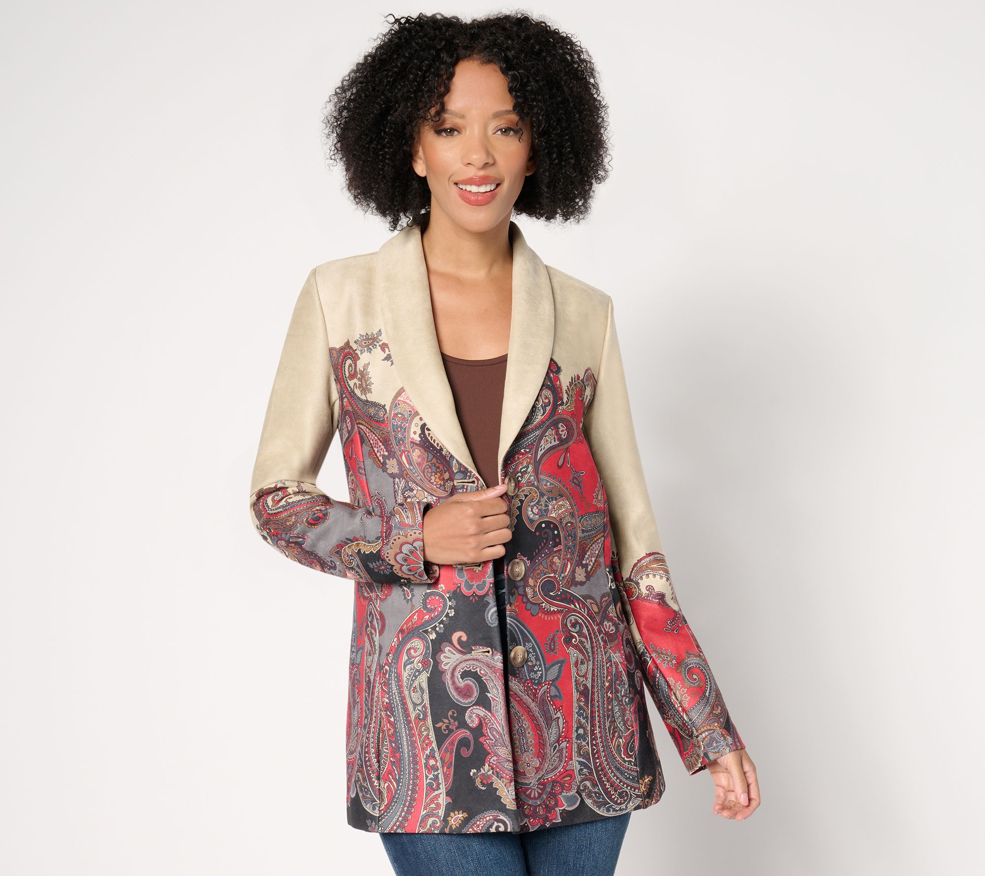GRAVER Susan Graver Petite Printed Suede Shawl Collar Jacket