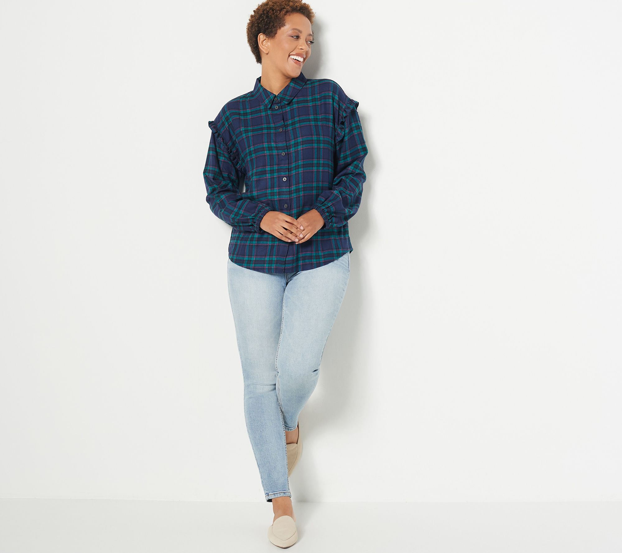 "As Is" Candace Cameron Bure Button Front Plaid Shirt w/ Ruffle Detail