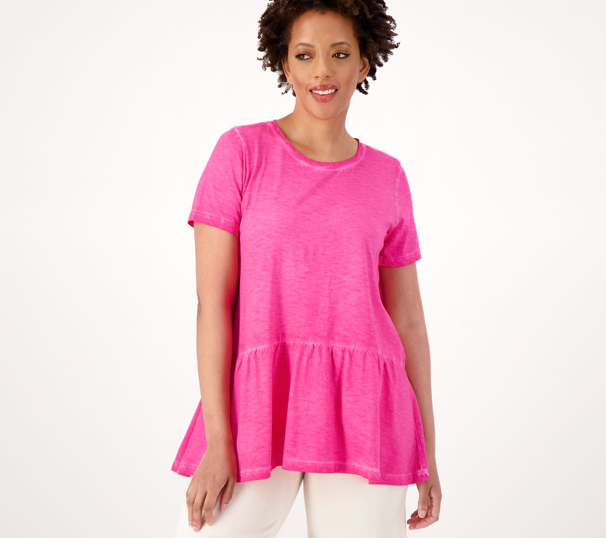 LOGO by Lori Goldstein Distressed Cotton Slub Peplum Top