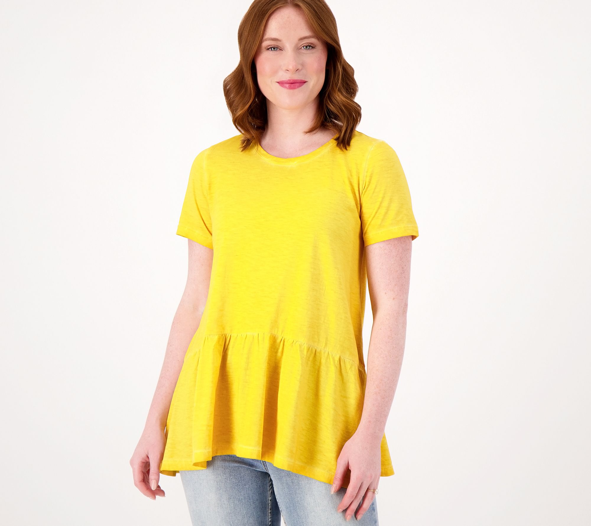 LOGO by Lori Goldstein Distressed Cotton Slub Peplum Top