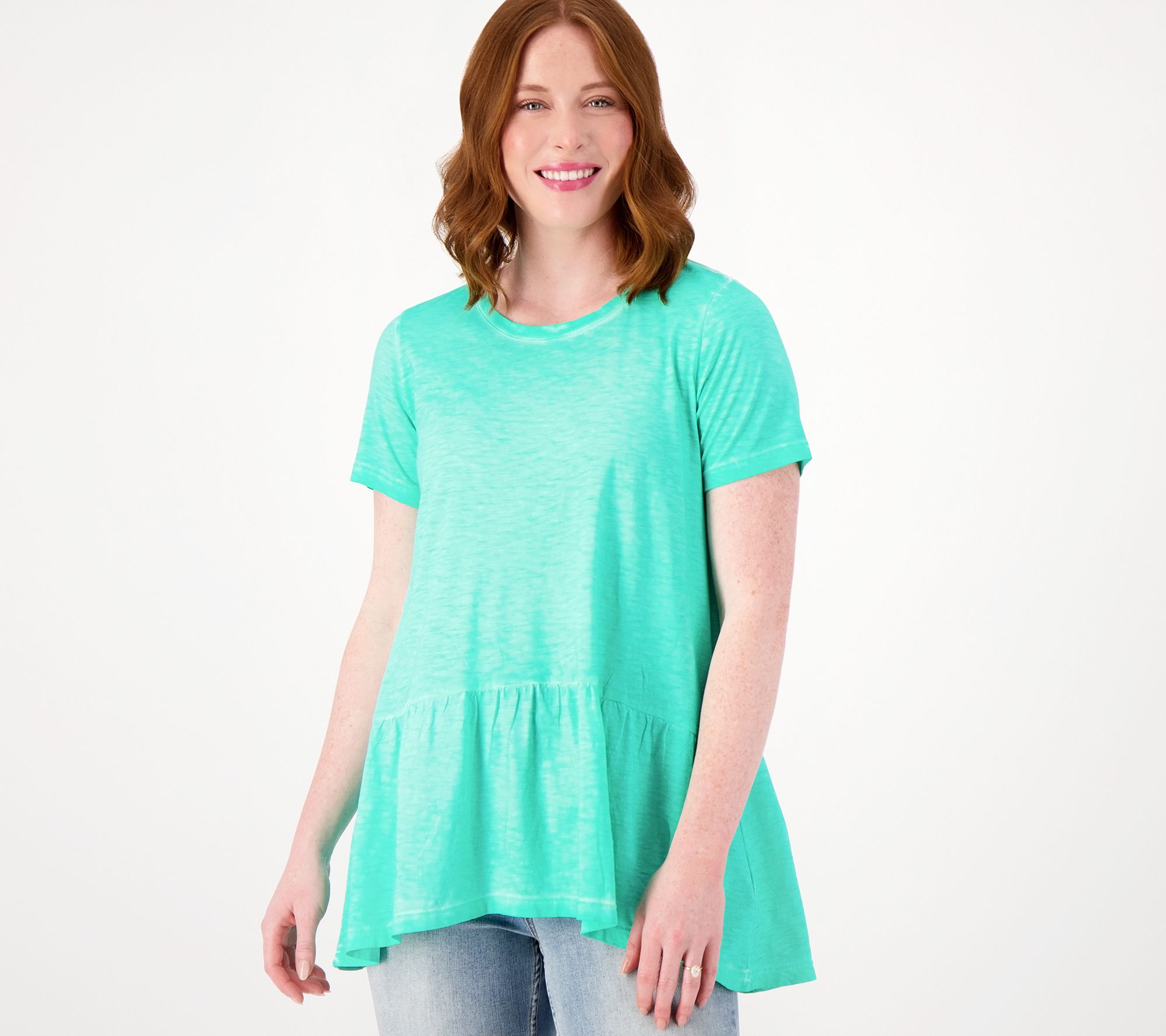LOGO by Lori Goldstein Distressed Cotton Slub Peplum Top