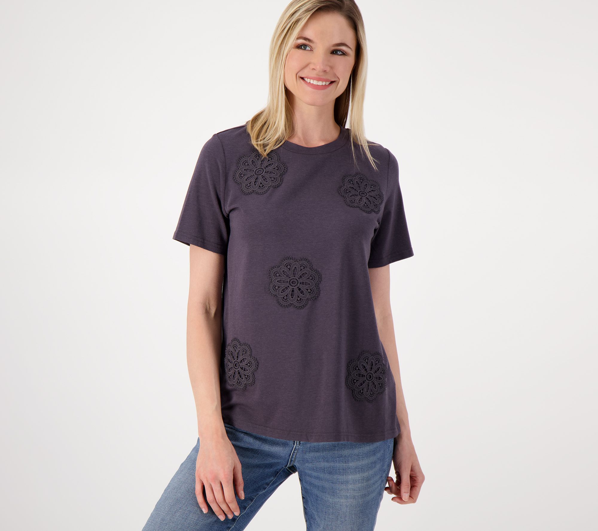 Laurie Felt Cotton Spandex Rayon Made from Bamboo Tee with Applique