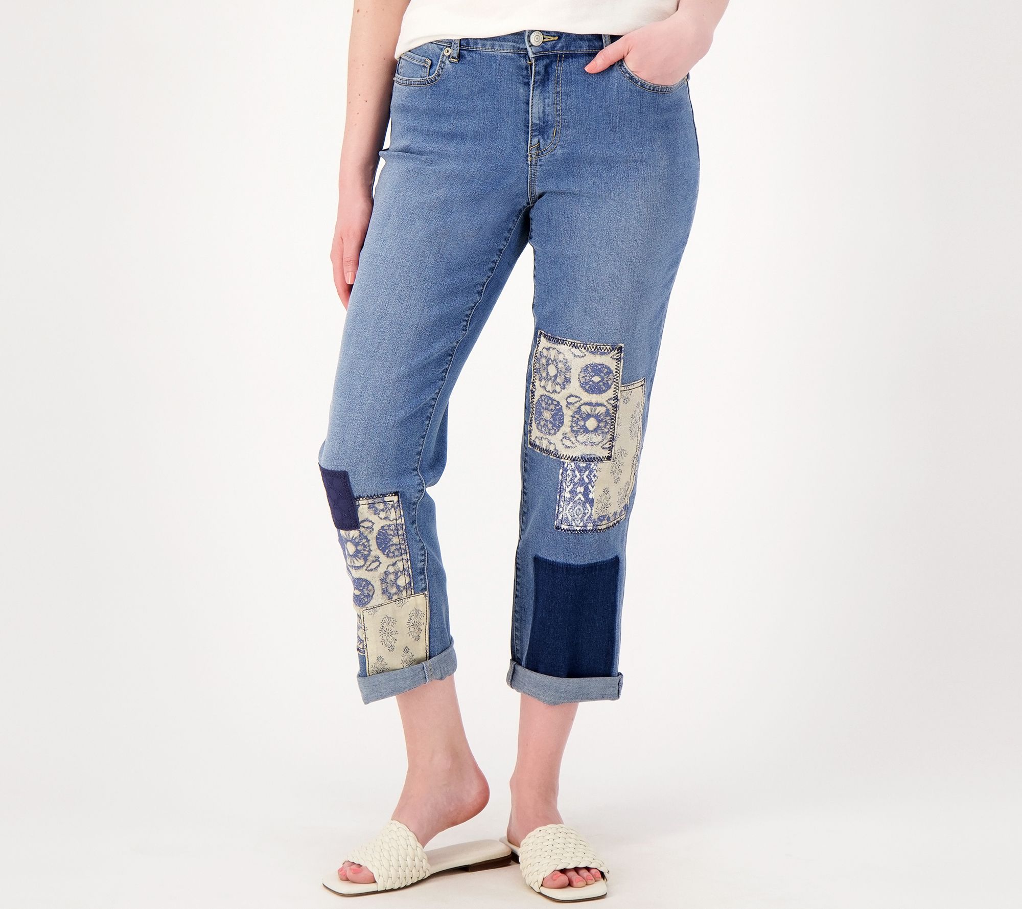 LOGO by Lori Goldstein Petite Shadow Patch Boyfriend Jeans 