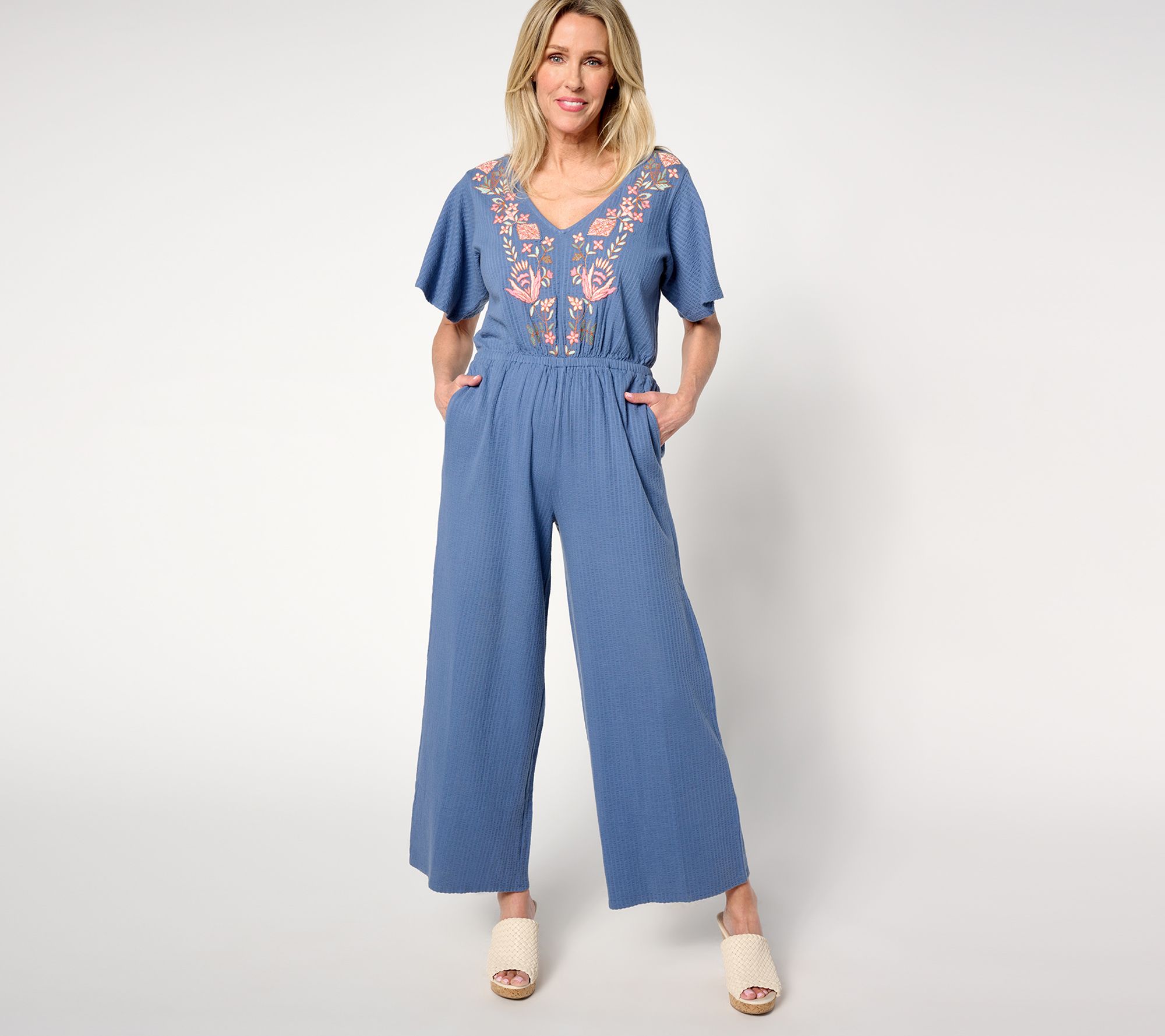 Destination 365 Petite Embroidered Short Sleeve Jumpsuit