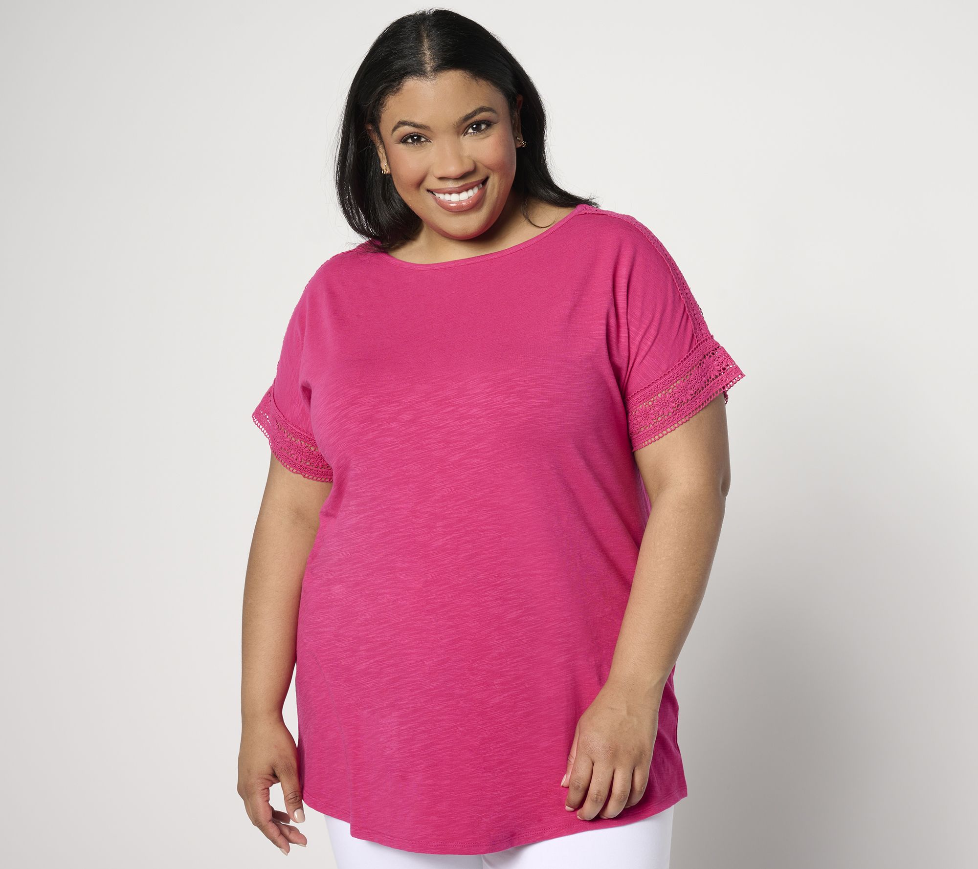 Denim & Co. Petite Texture Knit Lace Trim Tunic