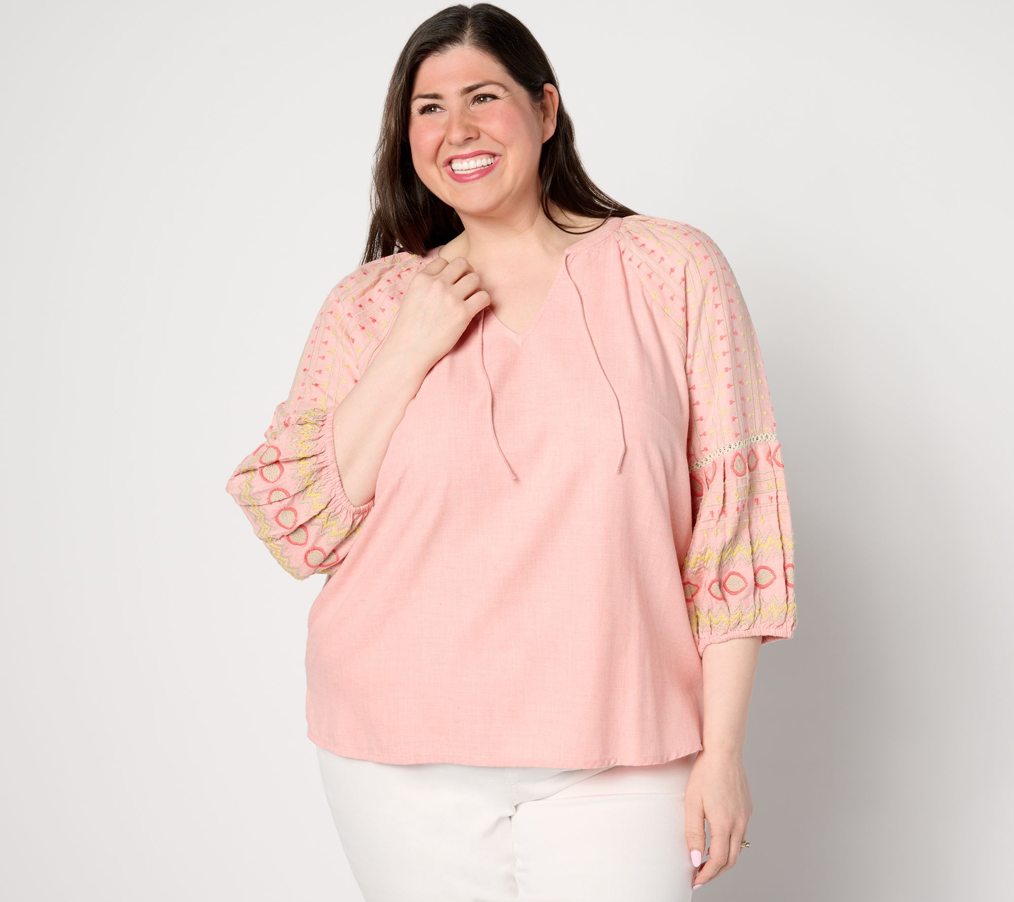 "As Is" Denim & Co. Canyon Retreat Split Neck Top w/ Embroidered Slv