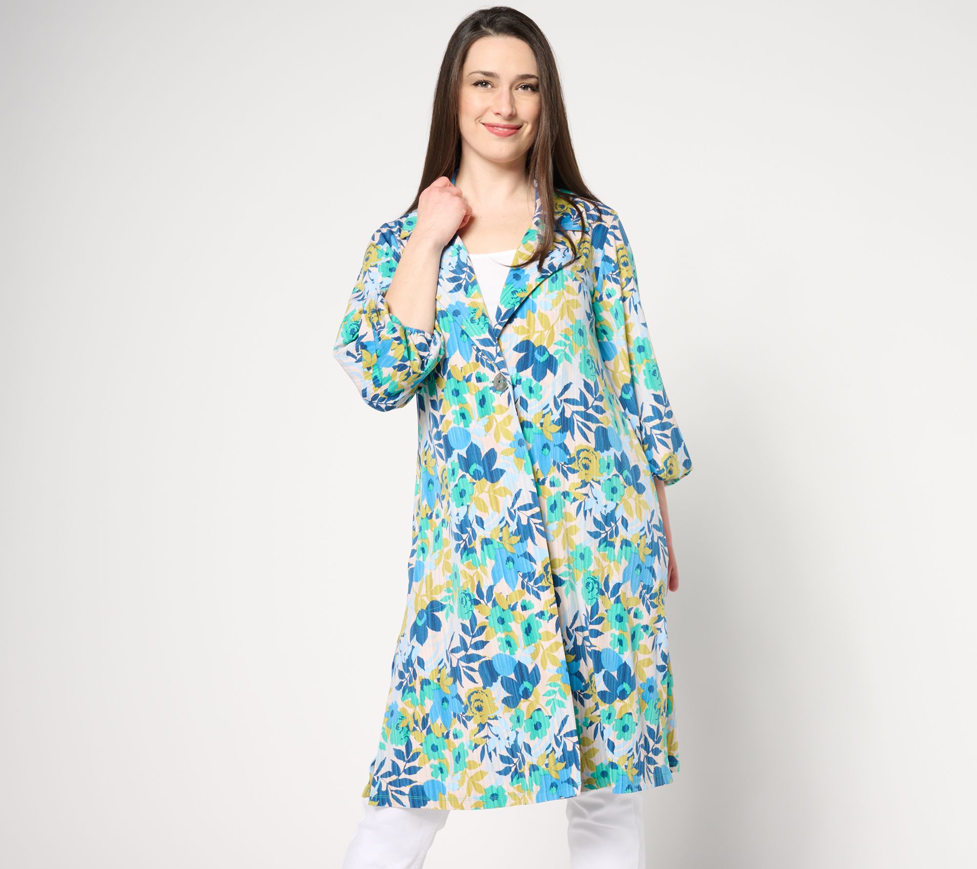 "As Is" Susan Graver Regular Printed Liquid Knit Duster w/ Blouson Sleeves
