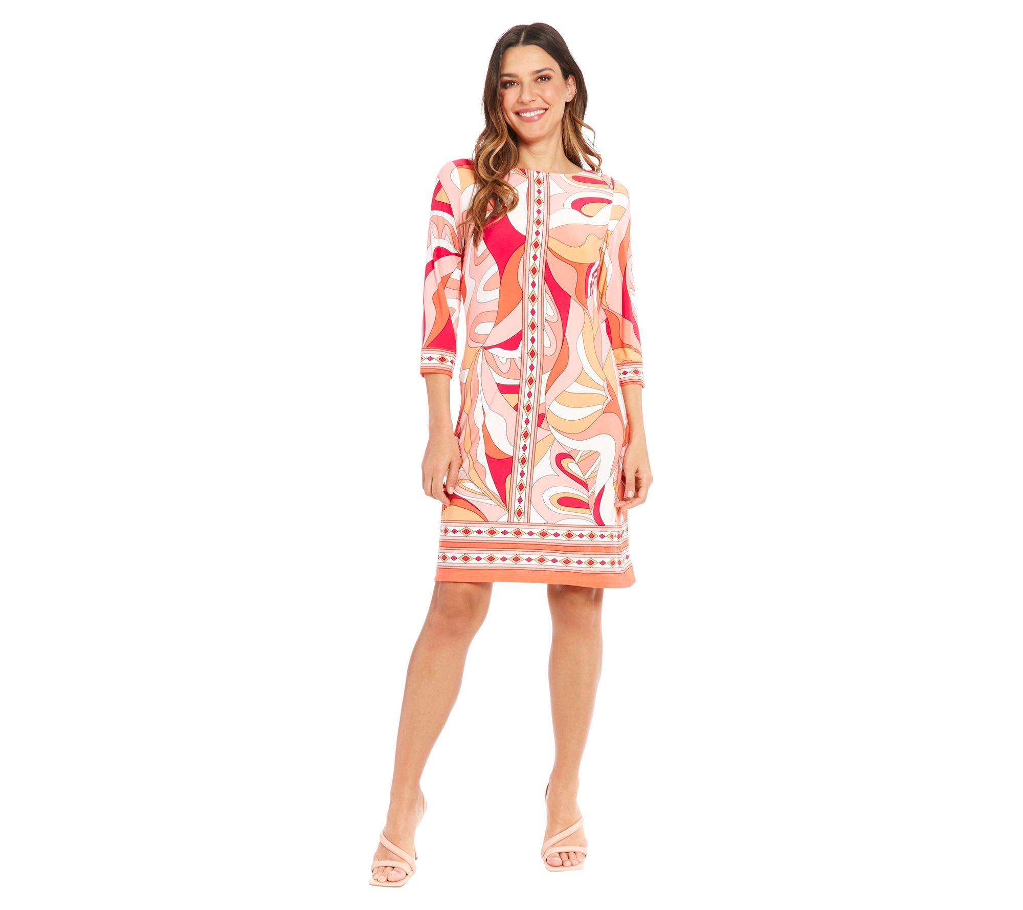 London Times Knee Length Printed Shift Dress wi th 3/4 Sleeves