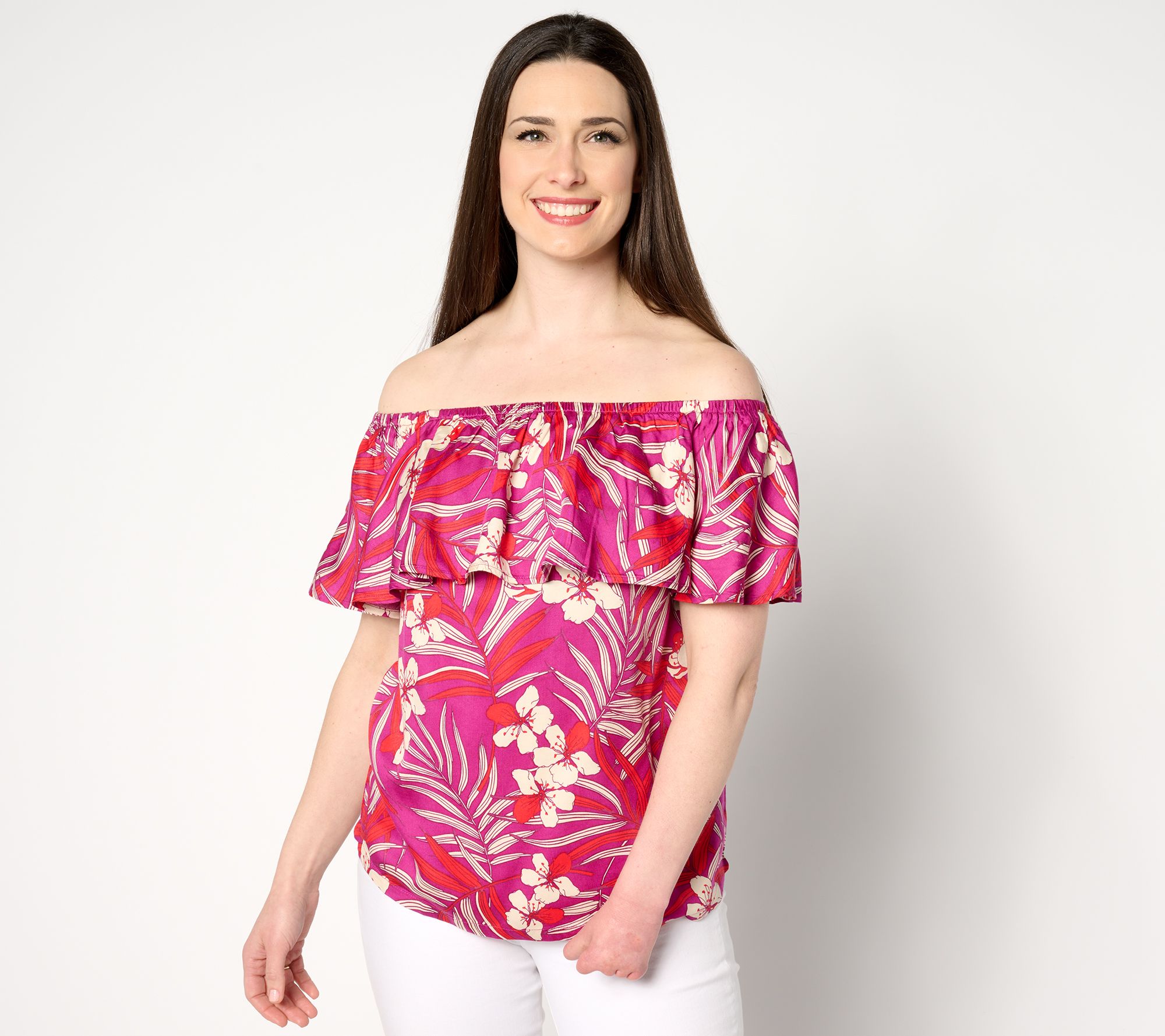 "As Is" AnyBody Printed Off the Shoulder Ruffle Woven Top