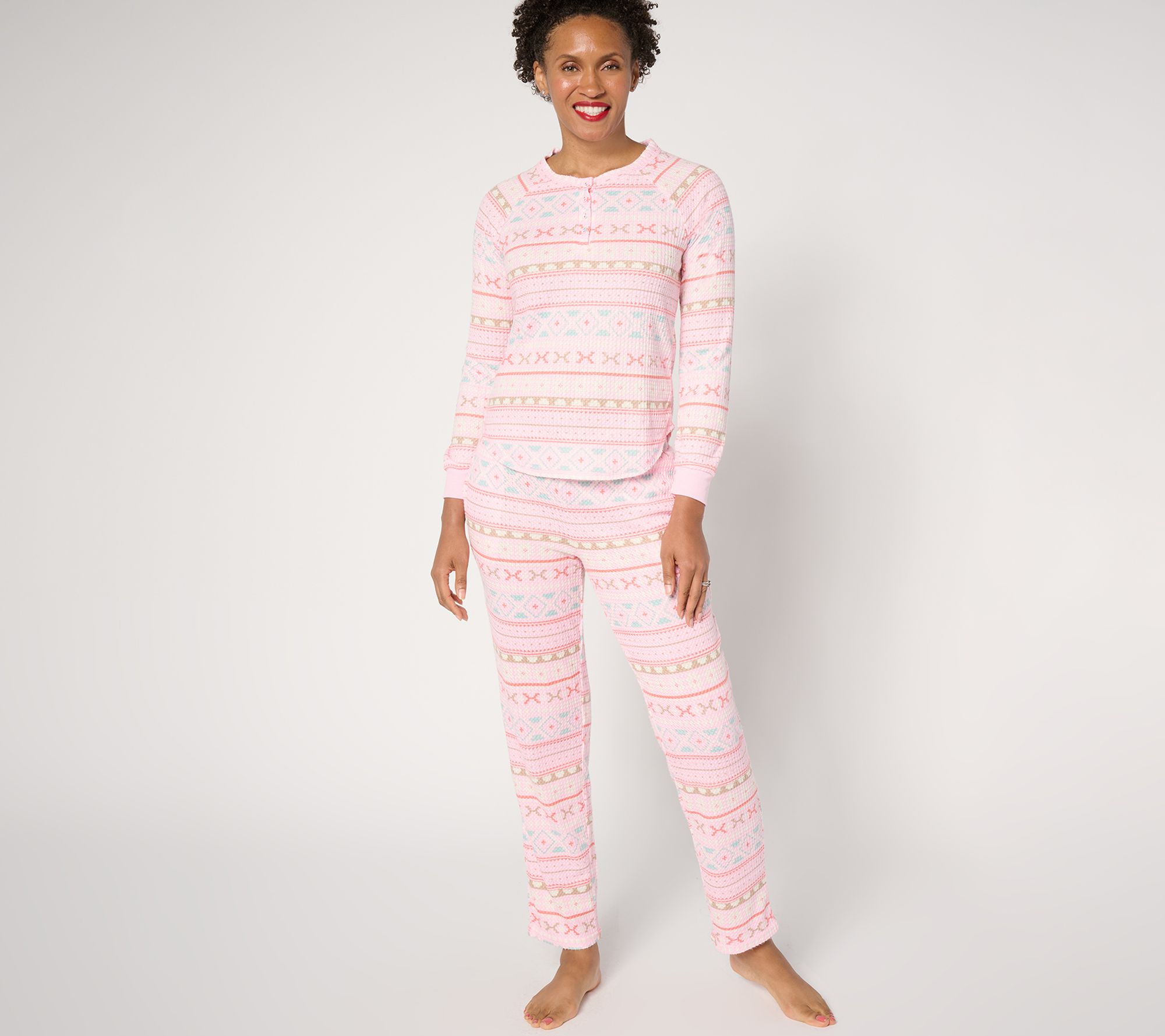 "As Is" MUK LUKS Waffle Knit Henley & Straight Leg Pant Pajama Set