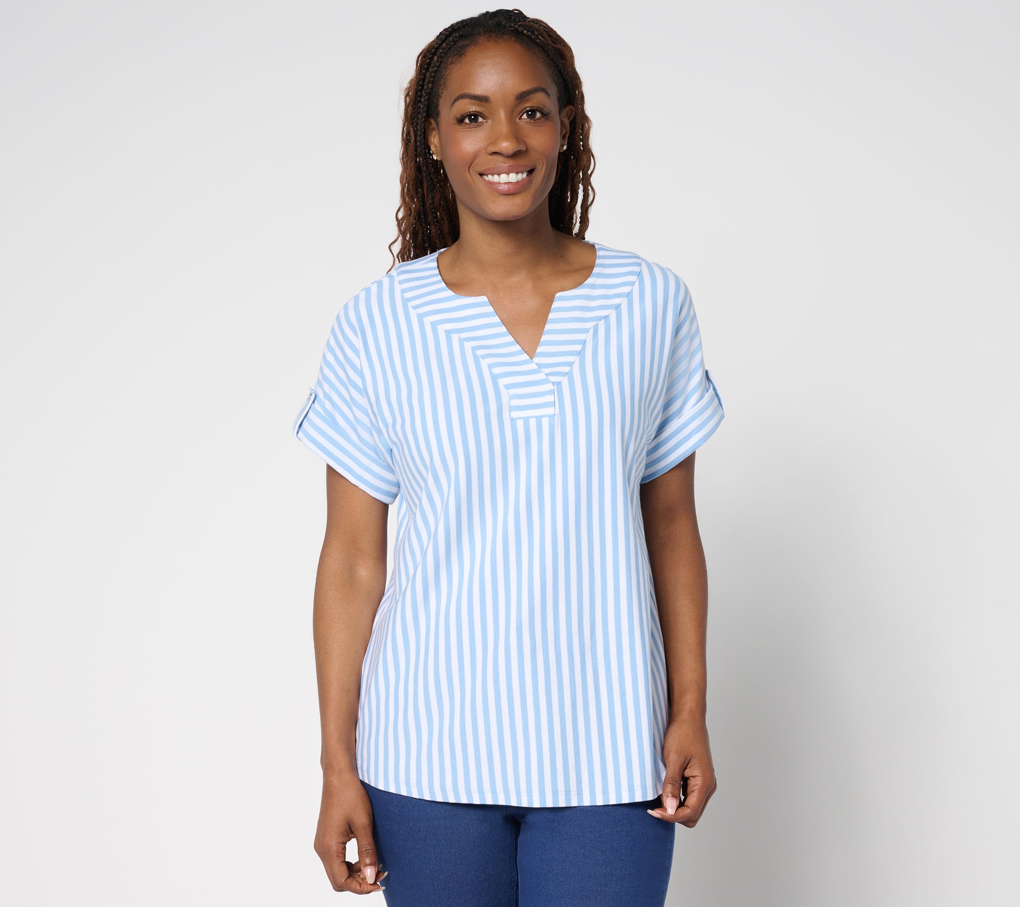 Denim & Co. Favorite Jersey Dolman Sleeve Split Neck Striped Top