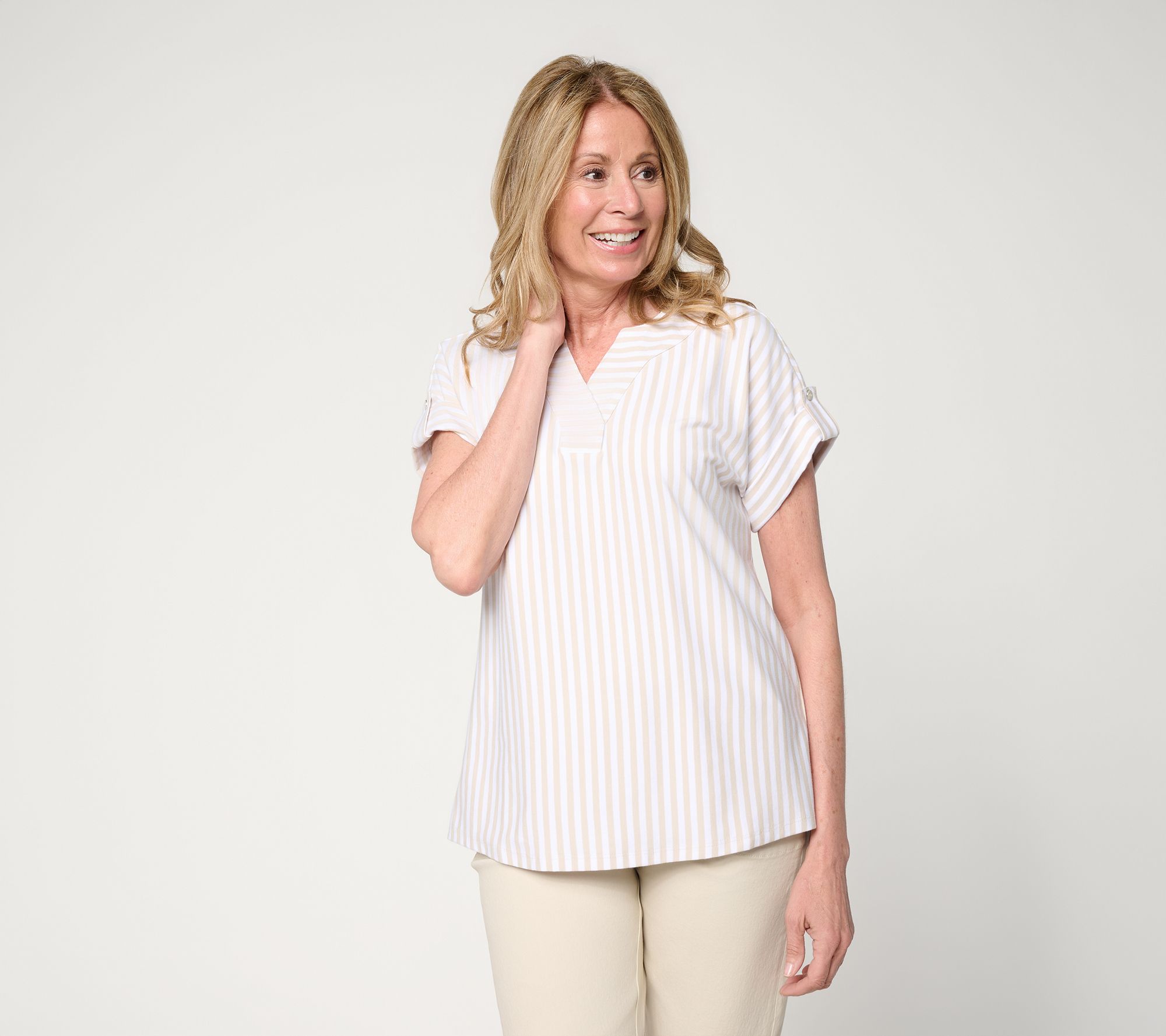 Denim & Co. Favorite Jersey Dolman Sleeve Split Neck Striped Top
