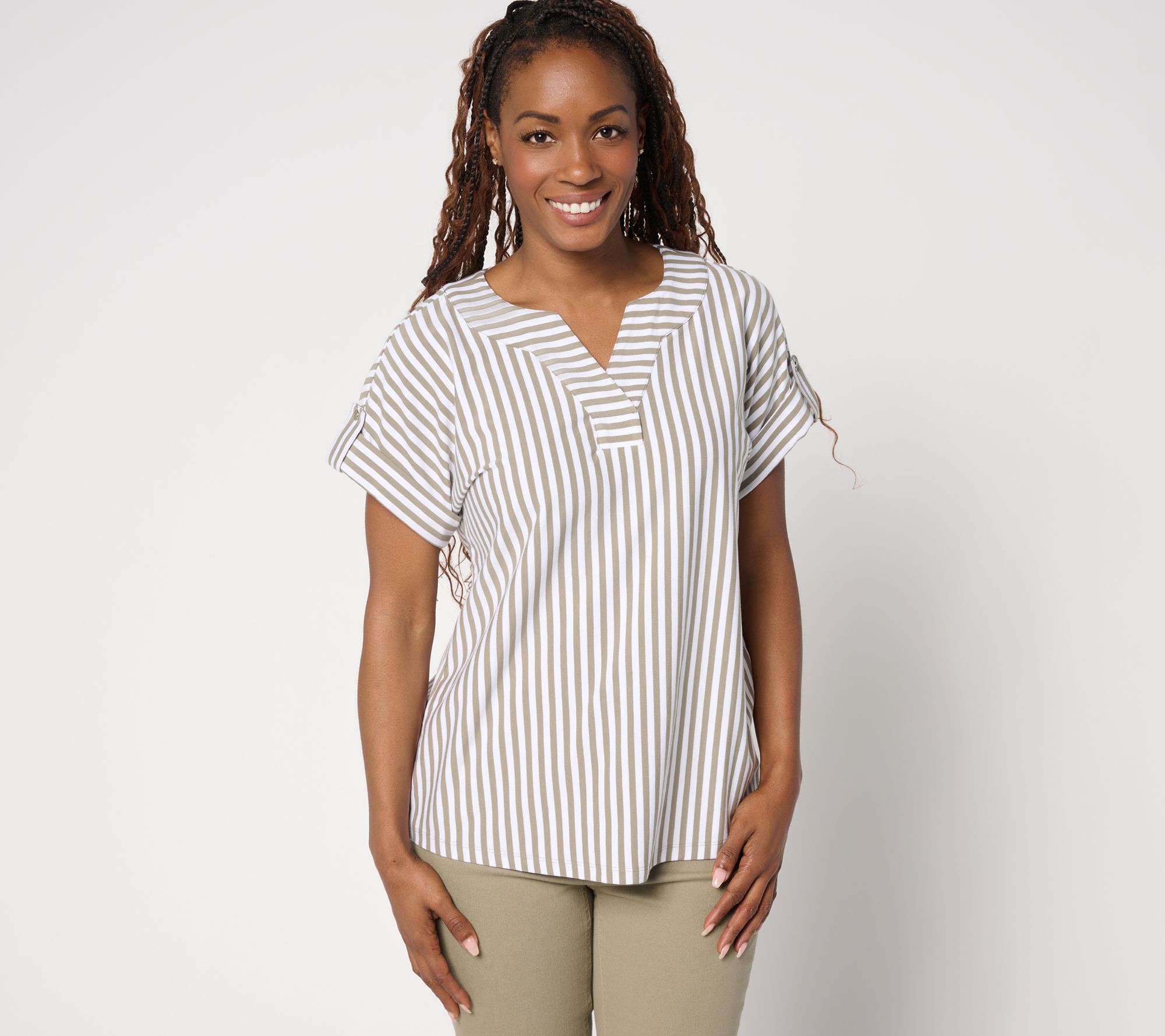 Denim & Co. Favorite Jersey Dolman Sleeve Split Neck Striped Top