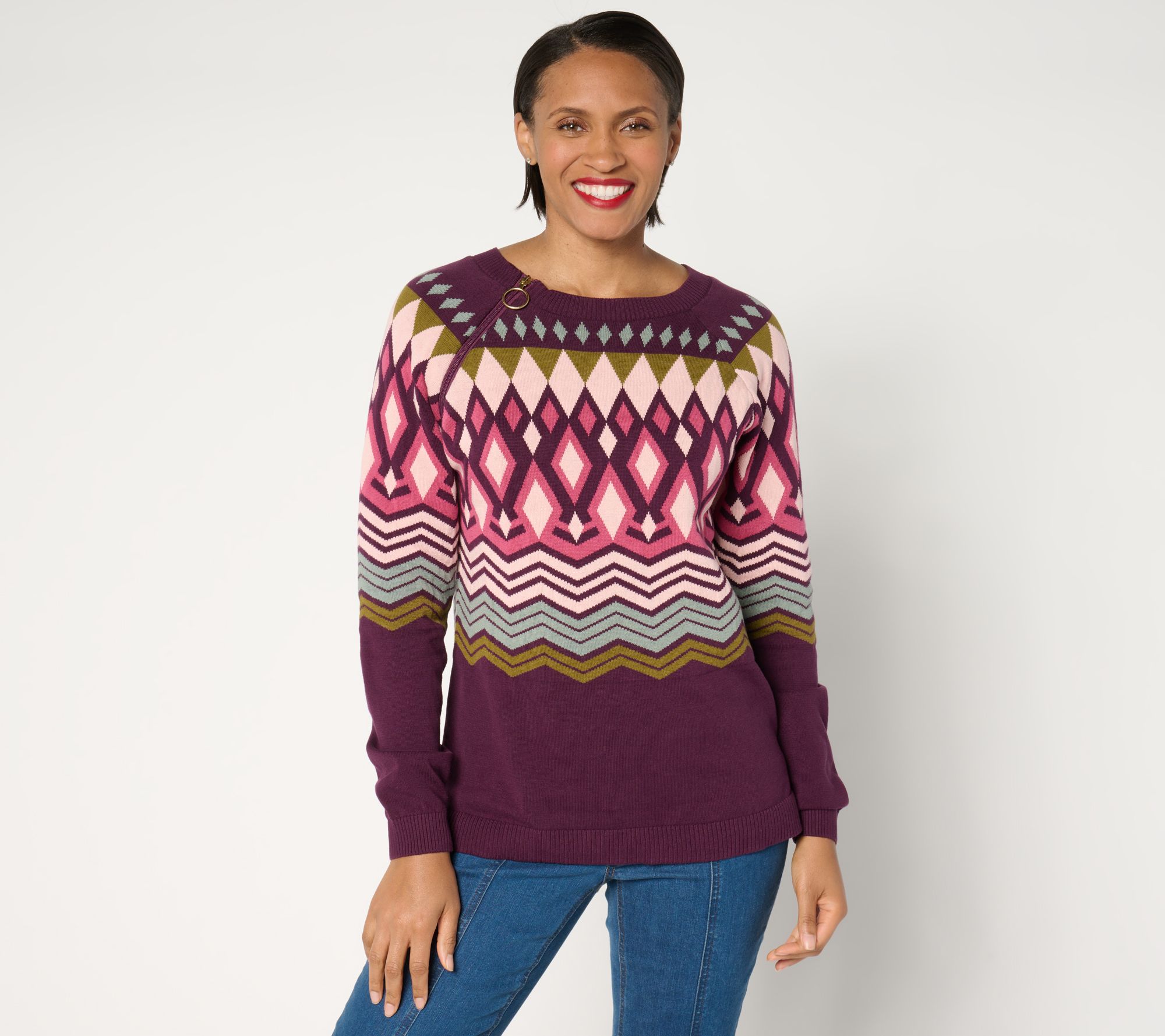 "As Is" Denim & Co. Adaptive Nordic Jacquard Crew Neck Sweater