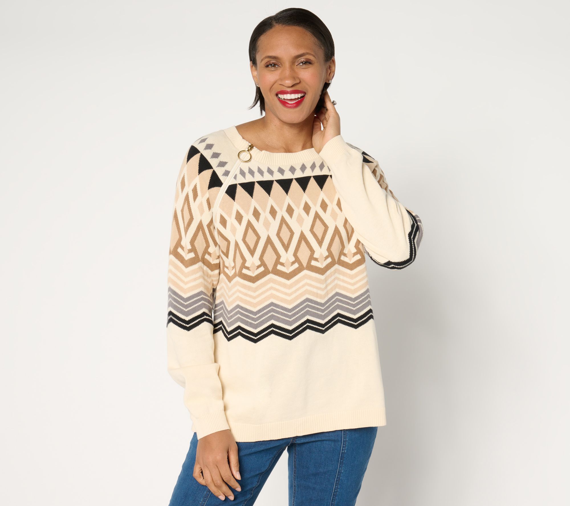 "As Is" Denim & Co. Adaptive Nordic Jacquard Crew Neck Sweater