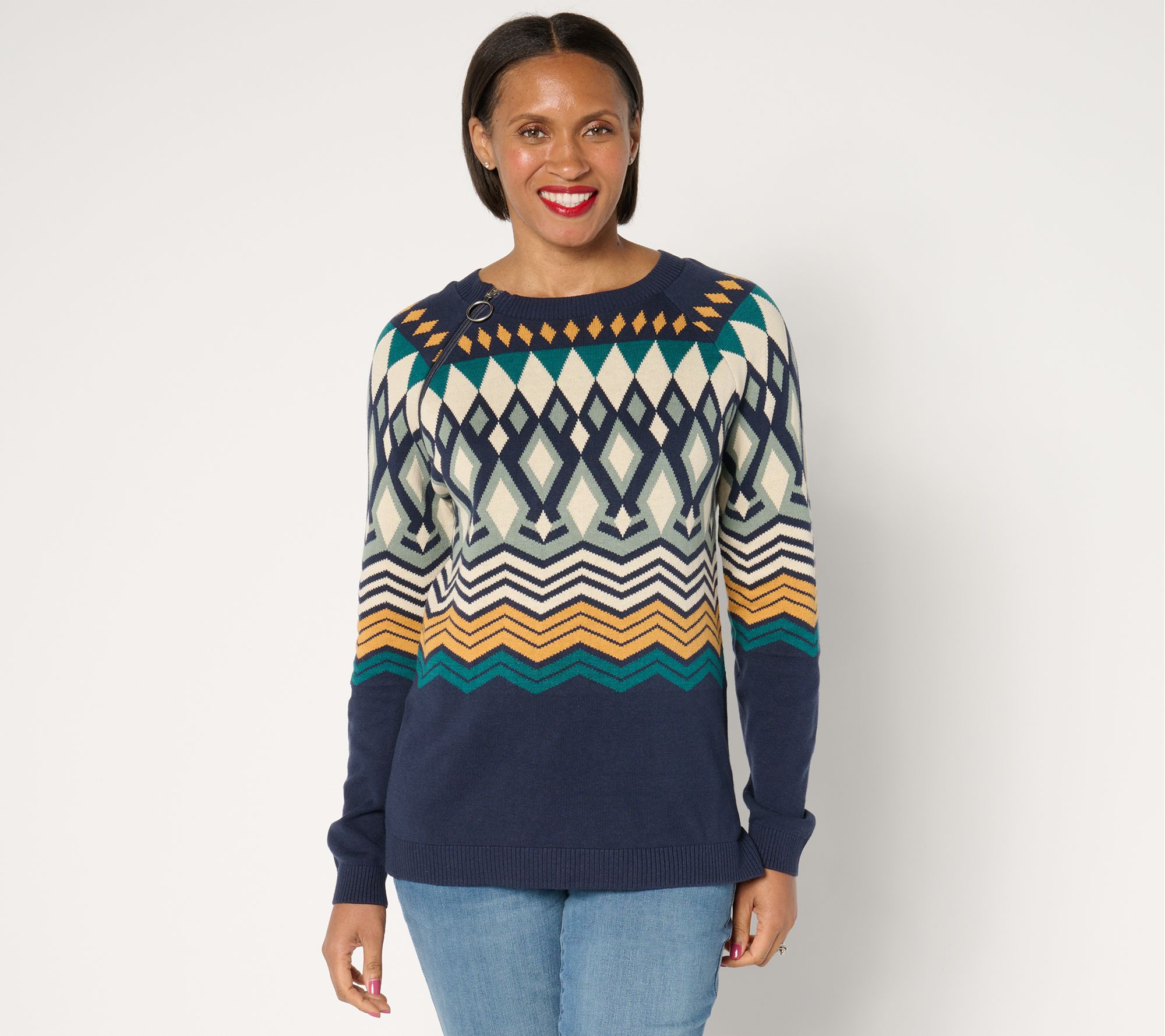 "As Is" Denim & Co. Adaptive Nordic Jacquard Crew Neck Sweater