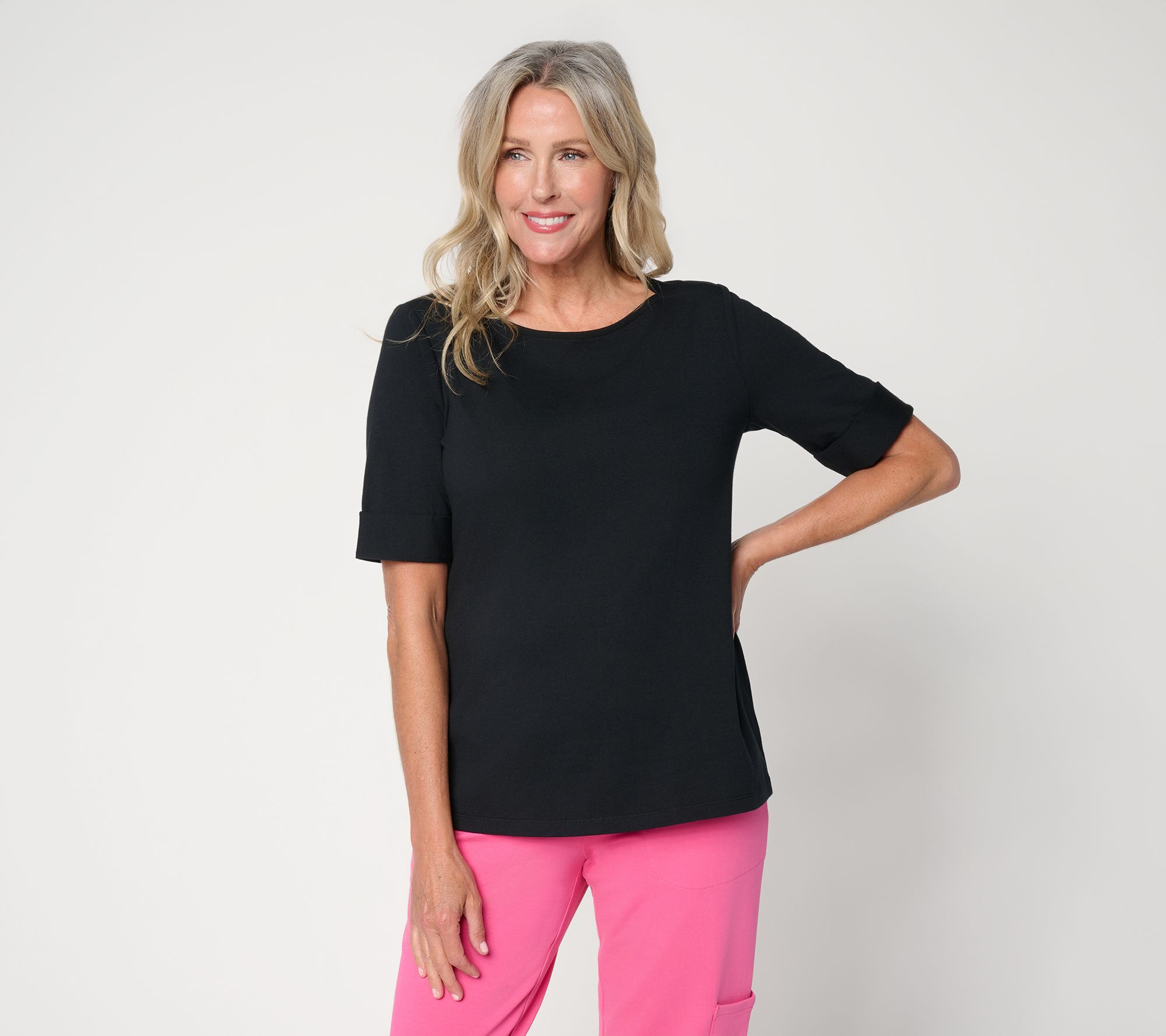 Denim & Co. Essentials Perfect Jersey Rolled Cuff Top