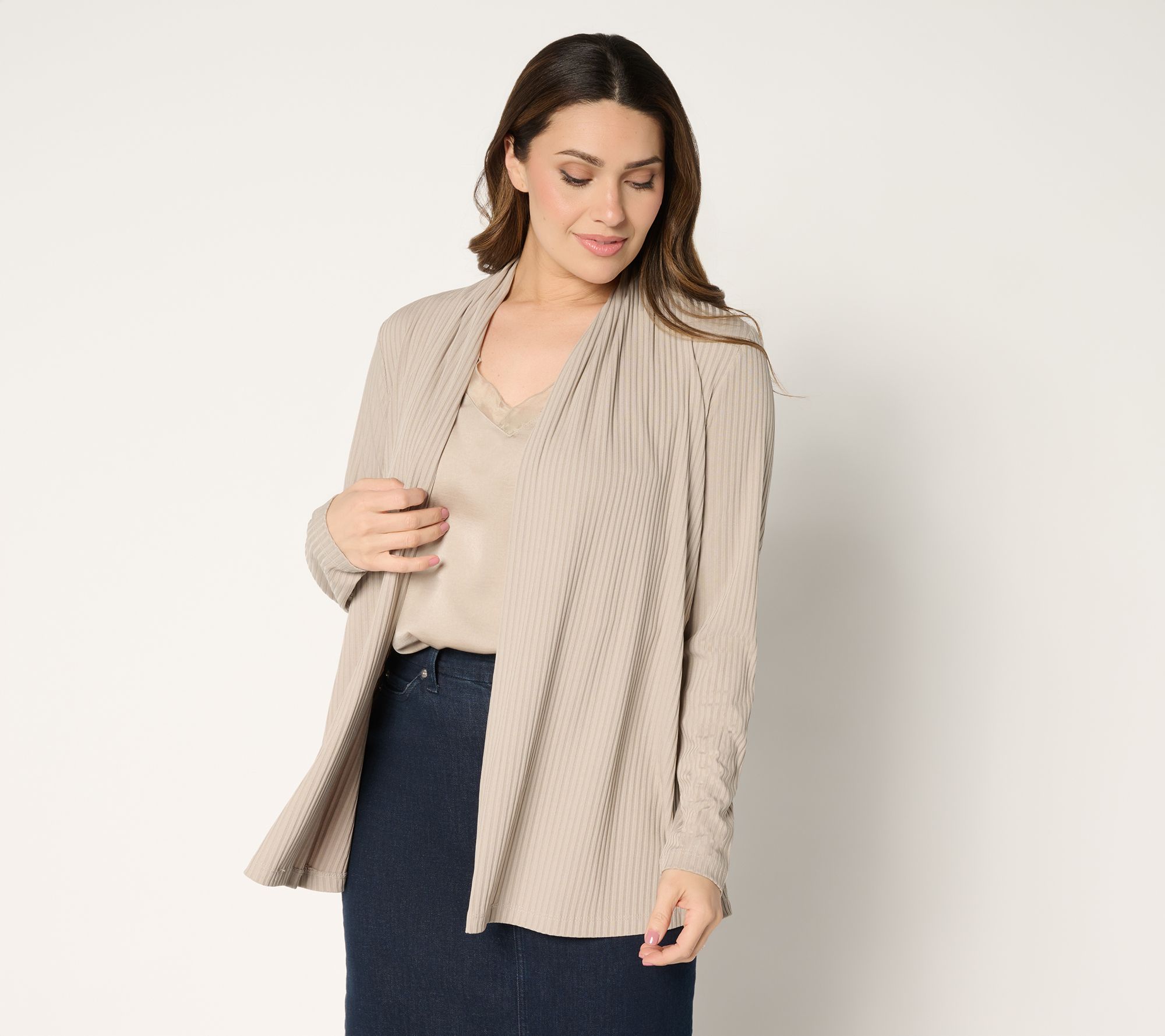 Susan Graver Regular Ribbed Liquid Knit Cardigan with Pockets