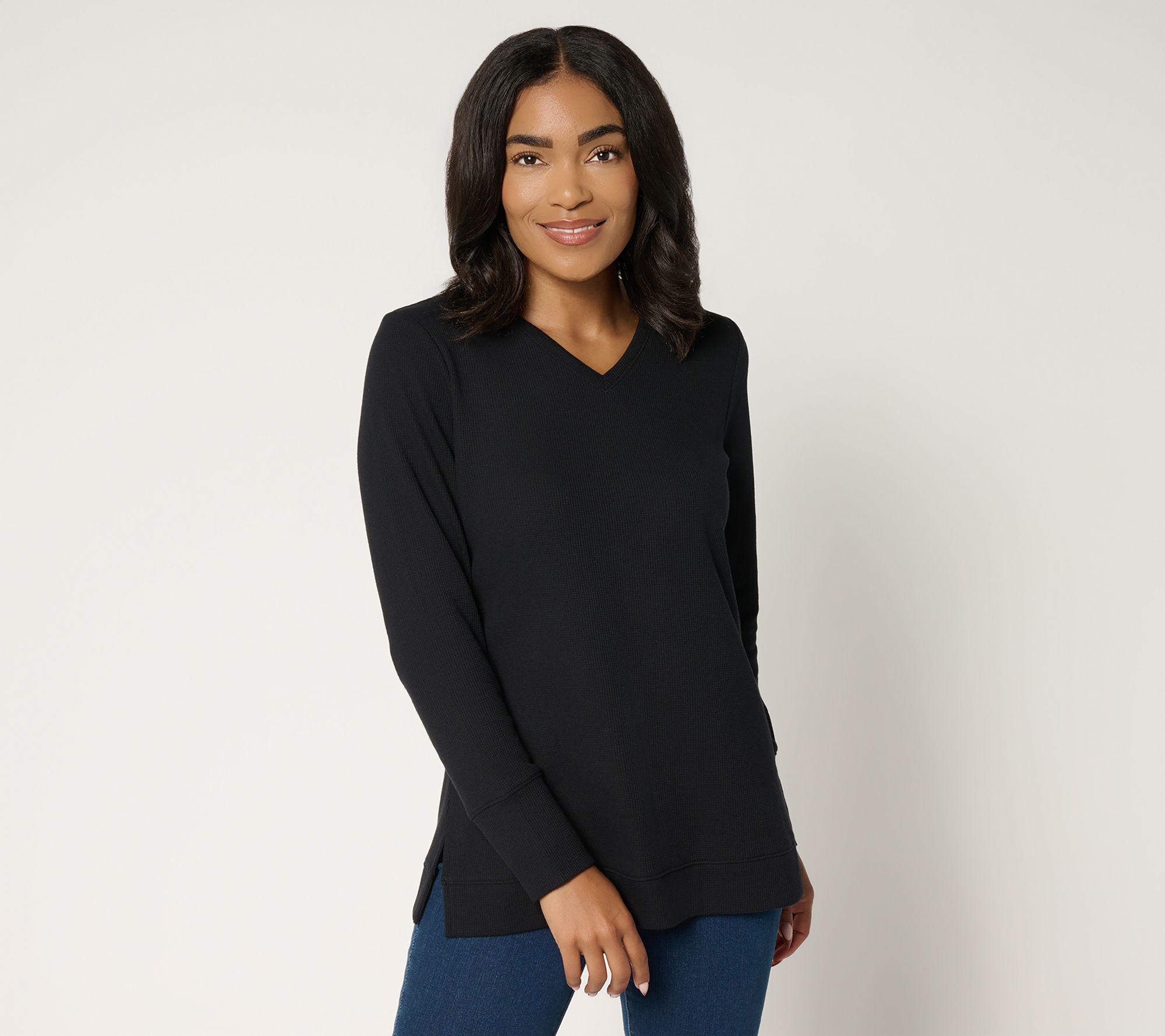 Denim & Co. Essentials Regular Waffle Knit V-Neck Tunic