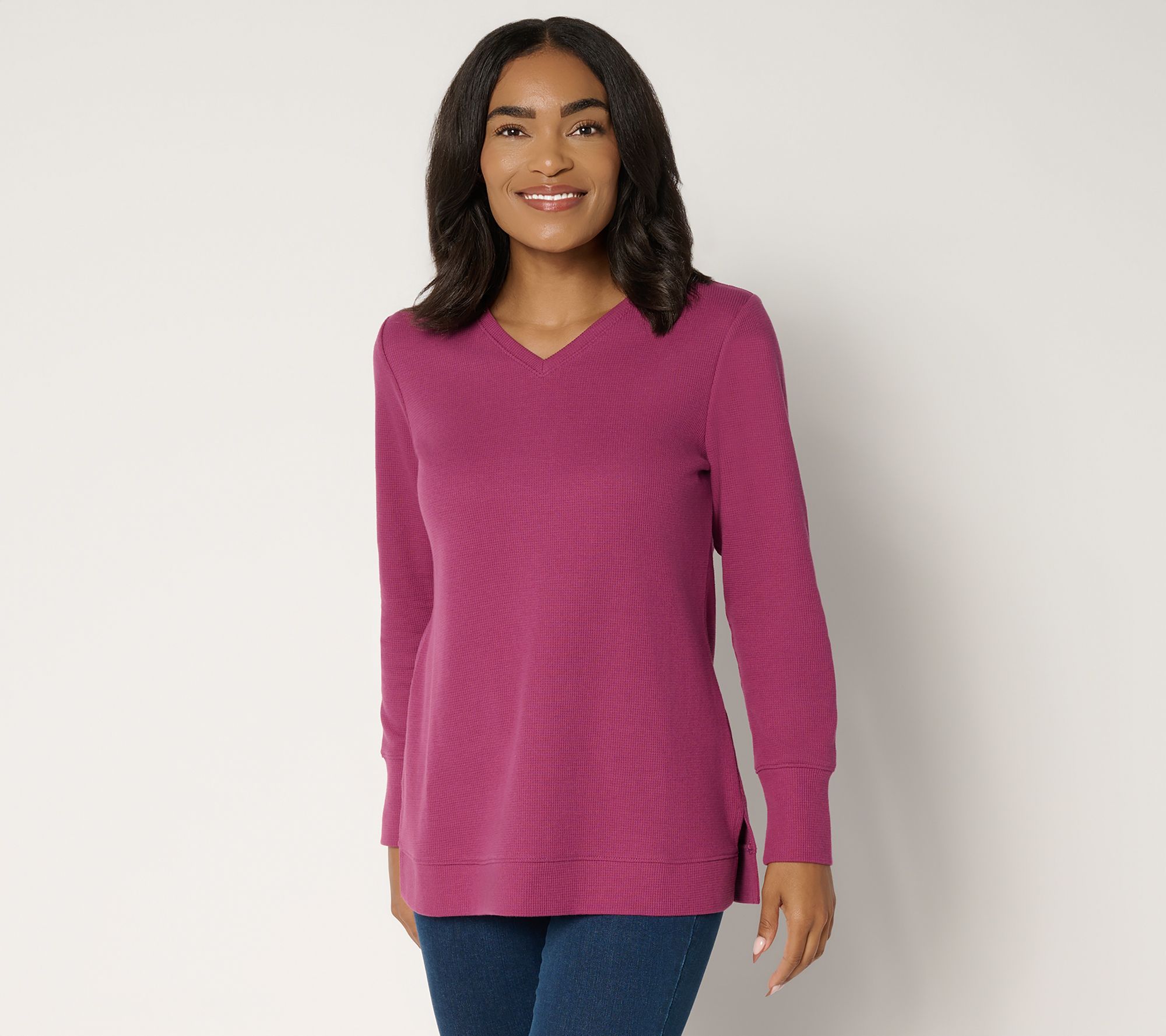 Denim & Co. Essentials Regular Waffle Knit V-Neck Tunic