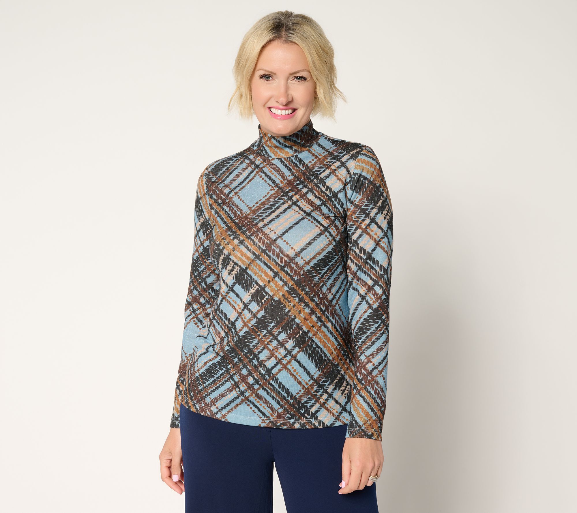 Susan Graver Printed Metallic Knit Mock Neck Top