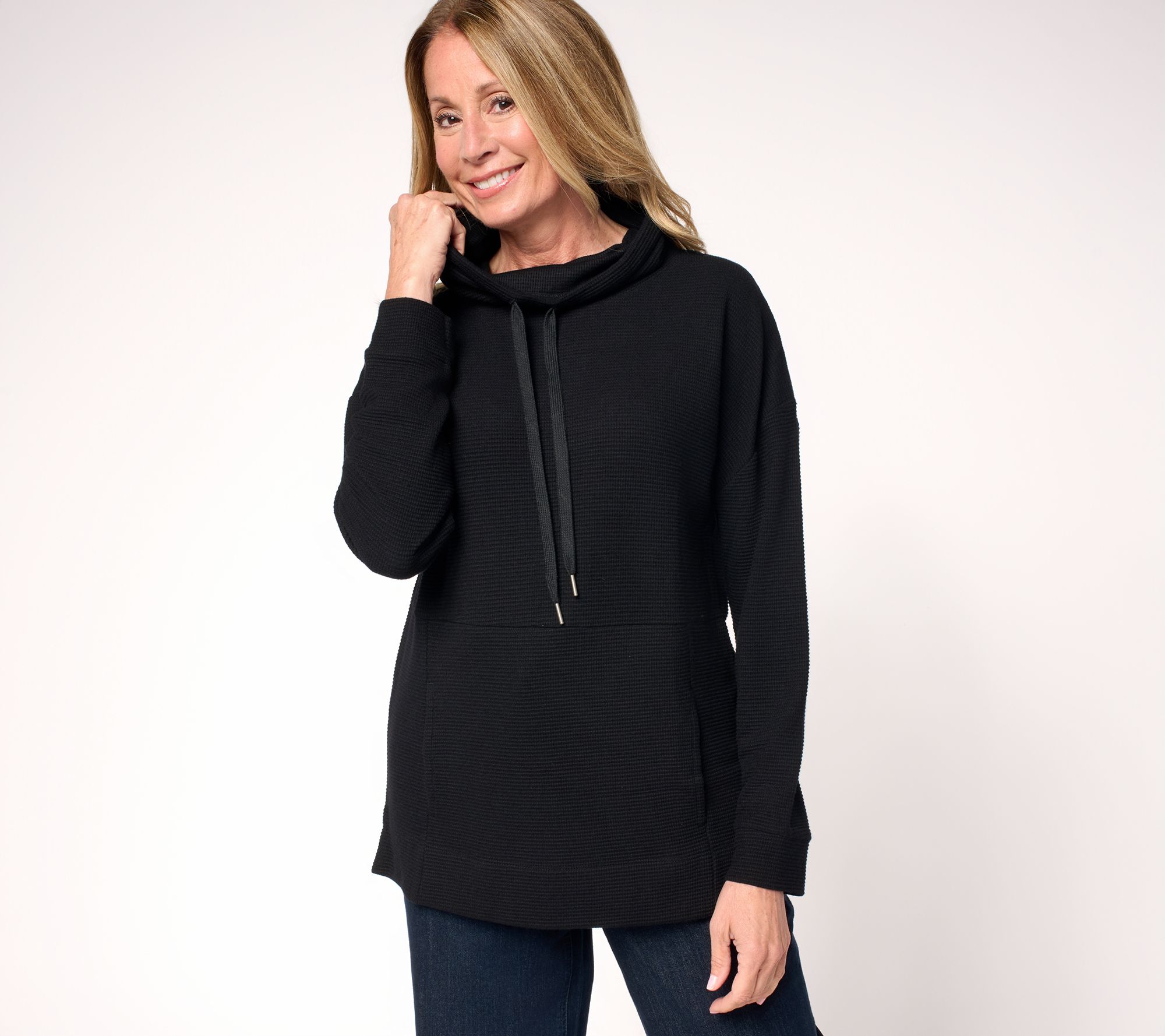 Susan Graver Weekend Waffle Knit Draped Cowl Neck Top