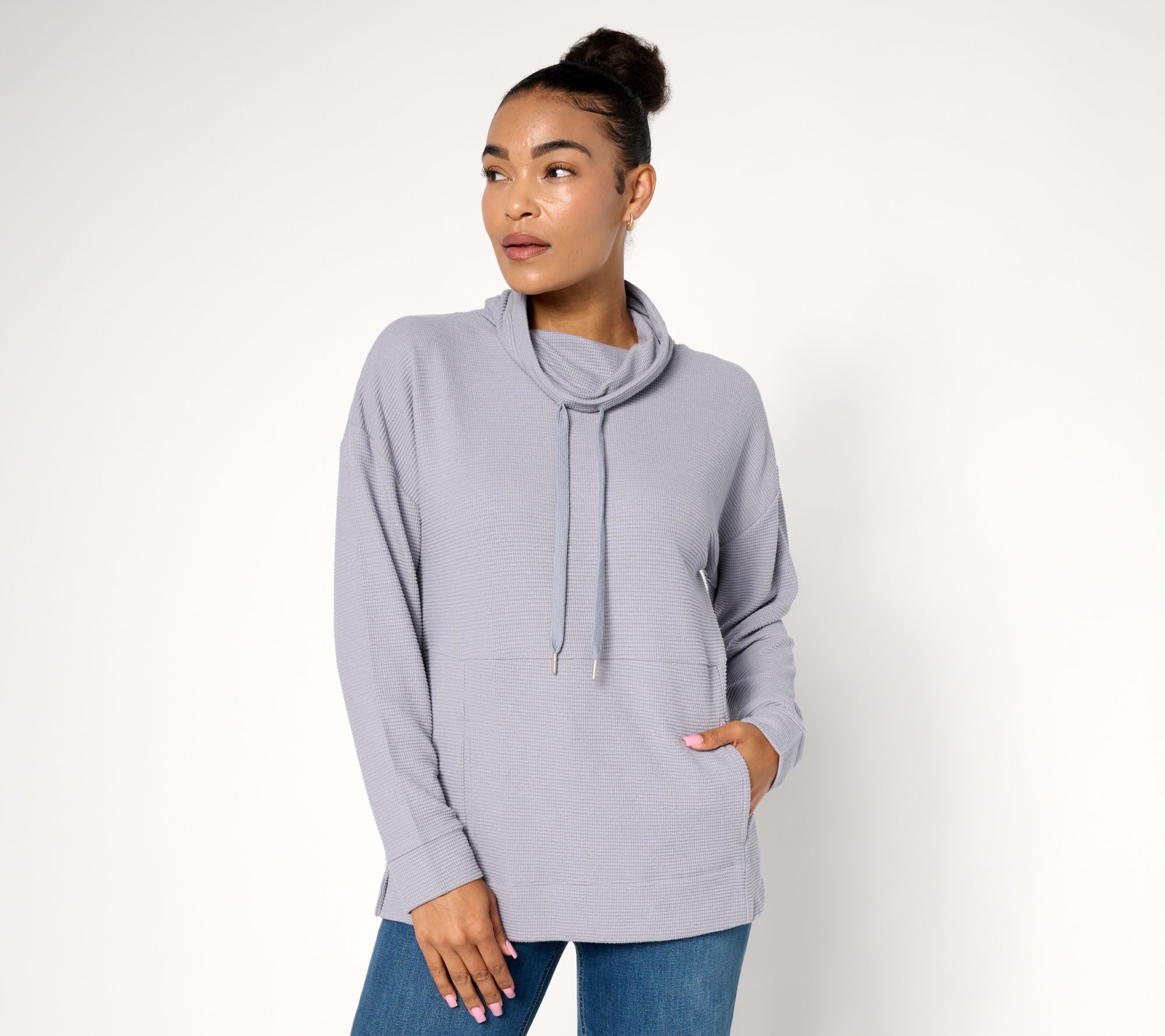 Susan Graver Weekend Waffle Knit Draped Cowl Neck Top