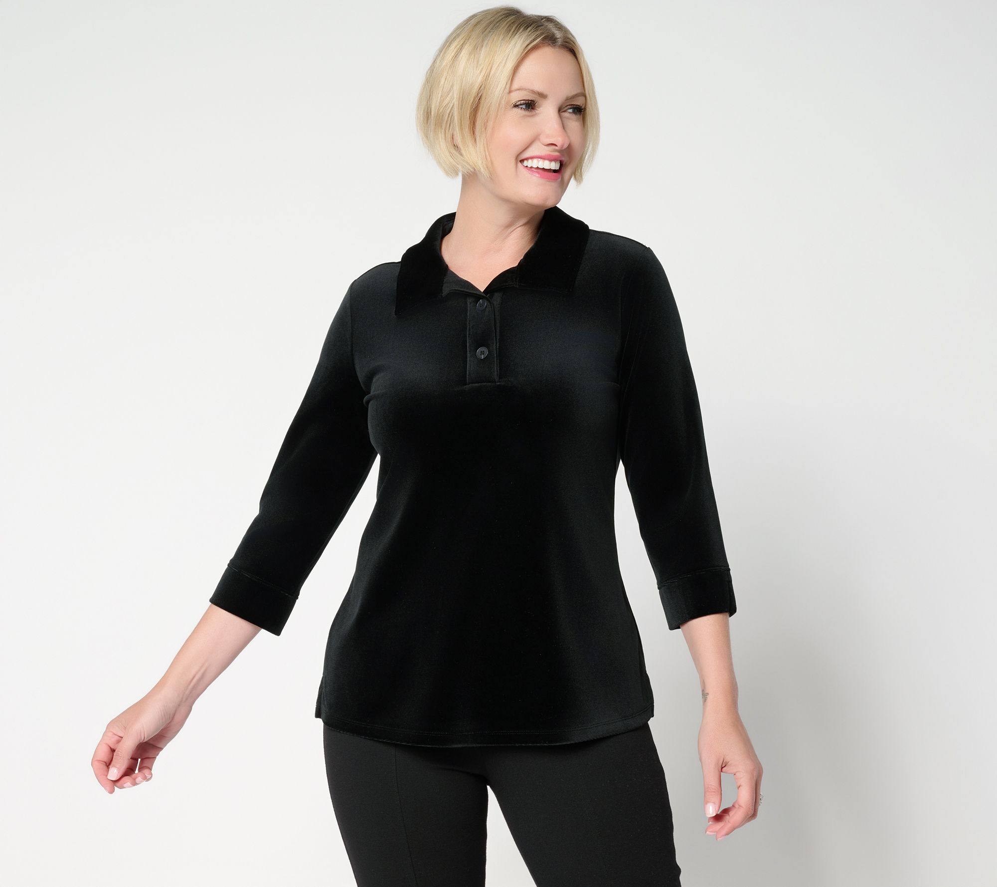 Denim & Co. Knit Velvet 3/4 Sleeve Collared Henley Top