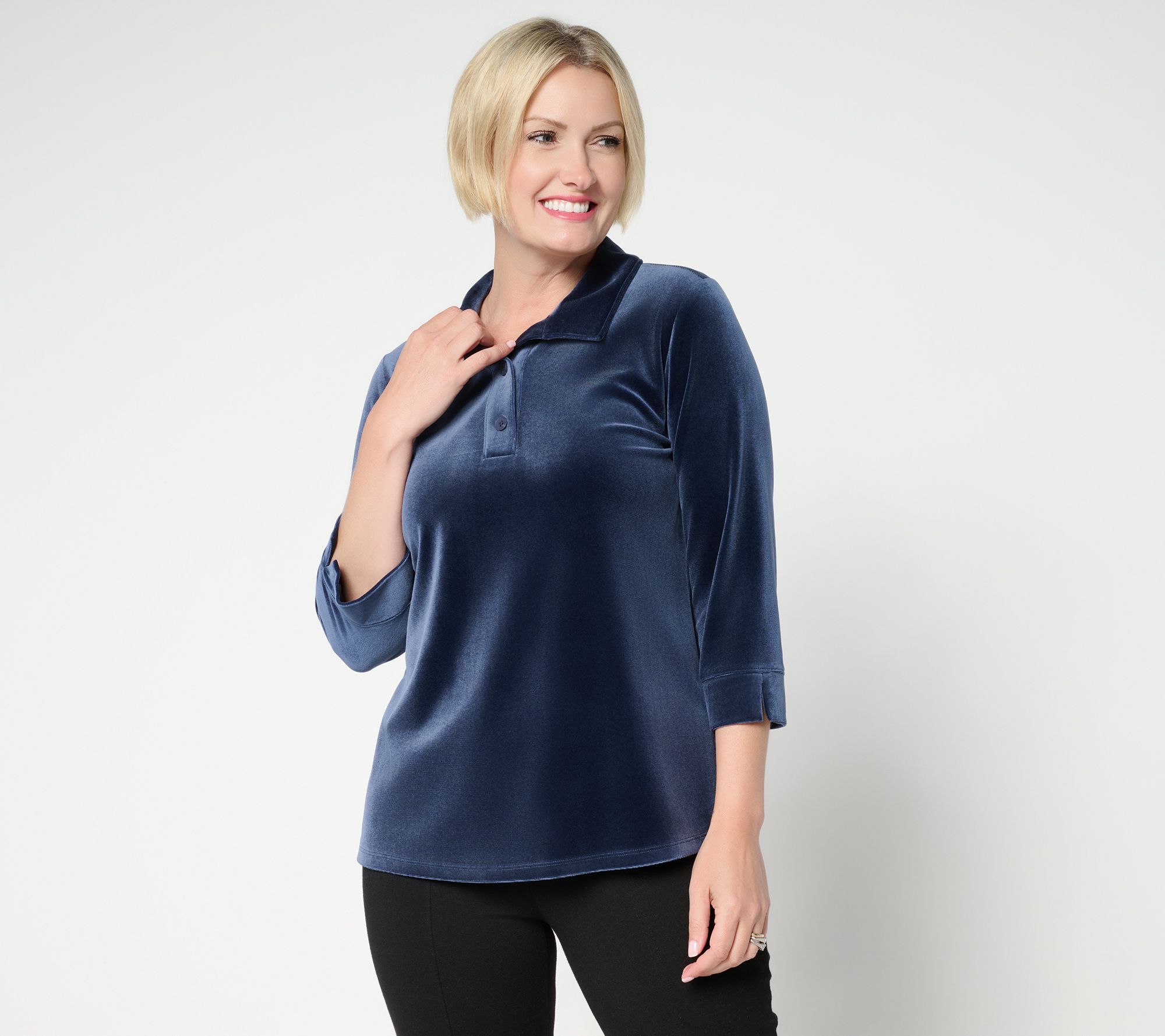 Denim & Co. Knit Velvet 3/4 Sleeve Collared Henley Top