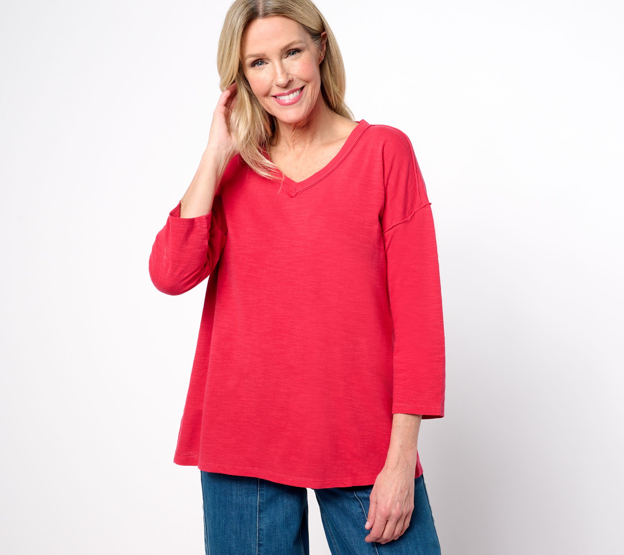 "As Is" LOGO by Lori Goldstein 100% Cotton Slub V-Neck 3/4 Sleeve Top