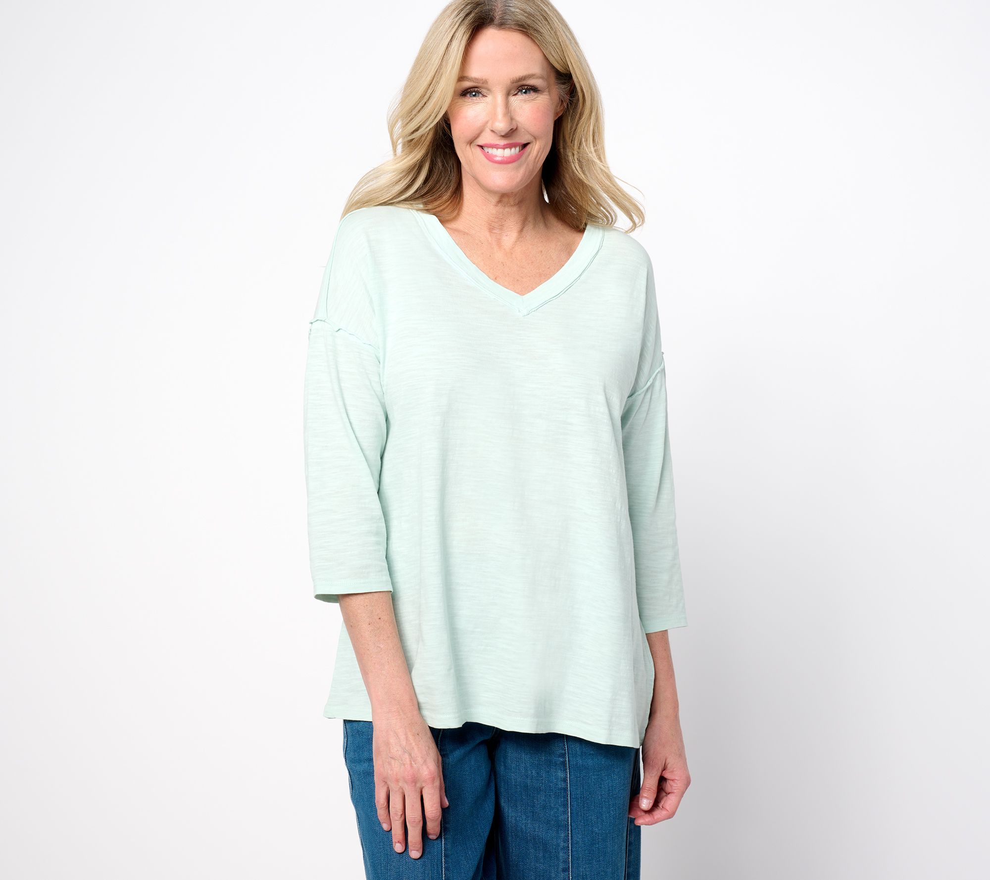 "As Is" LOGO by Lori Goldstein 100% Cotton Slub V-Neck 3/4 Sleeve Top