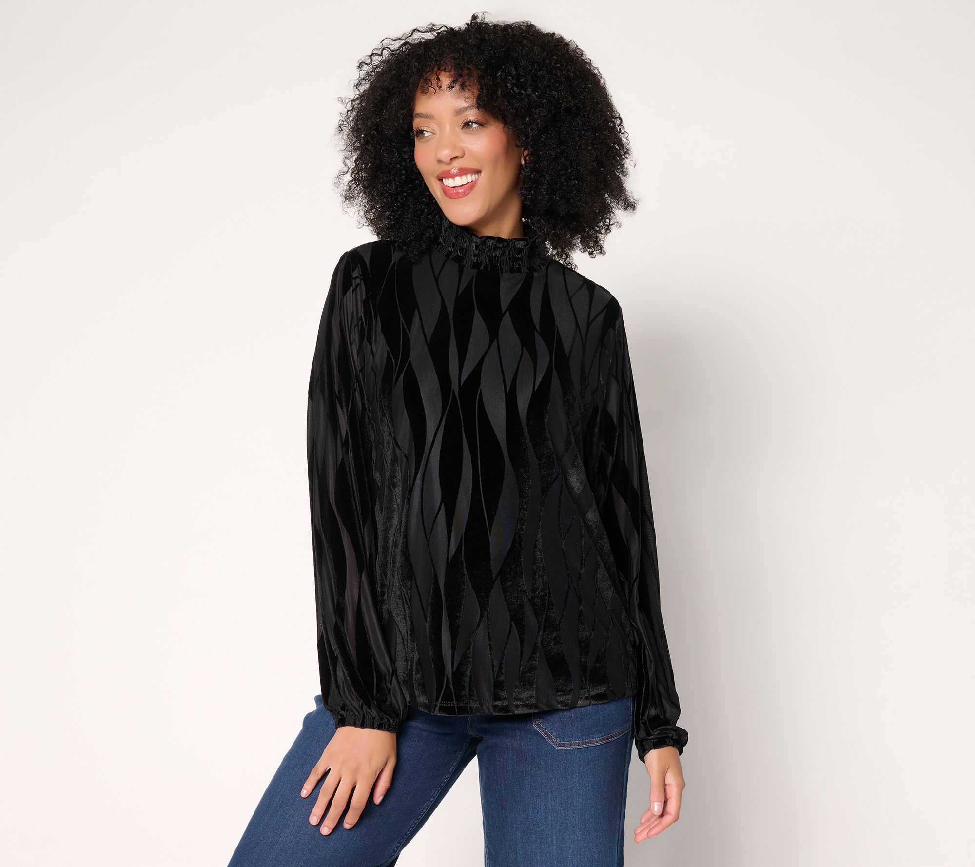 LOGO Lavish by Lori Goldstein Burnout Velvet Smocked Neck Long Sleeve Top