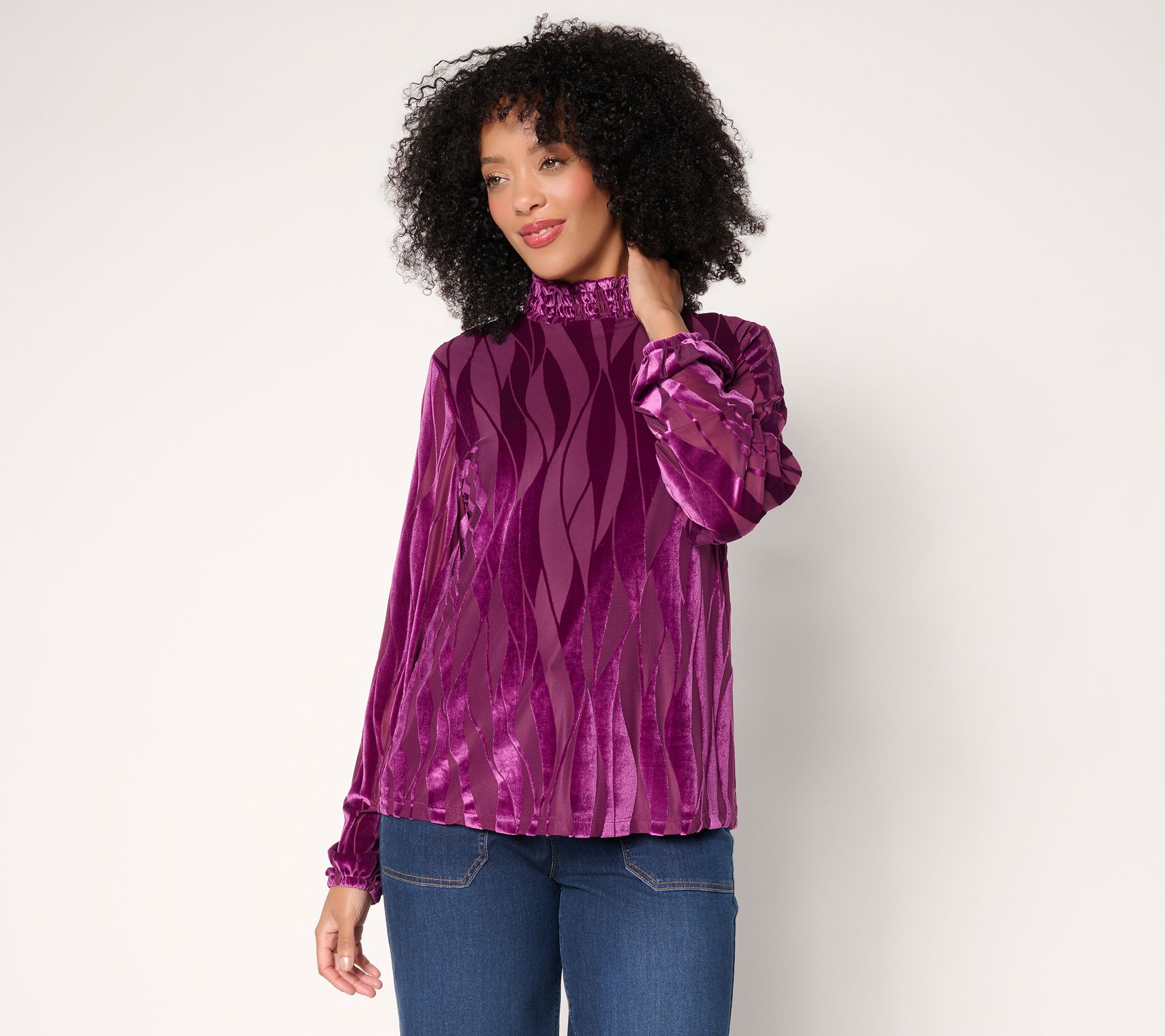 LOGO Lavish by Lori Goldstein Burnout Velvet Smocked Neck Long Sleeve Top