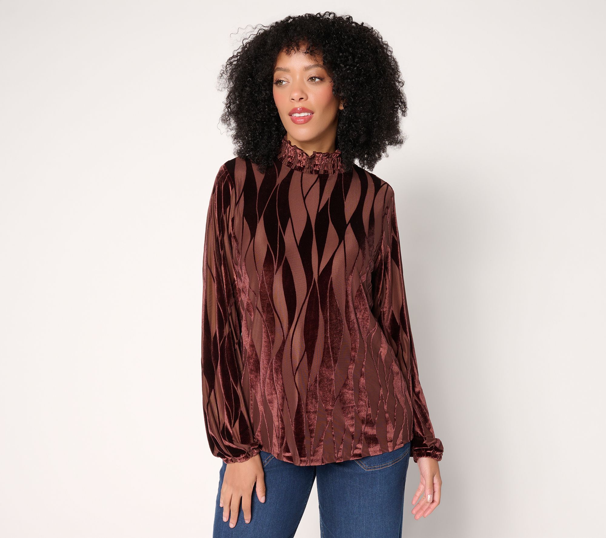 LOGO Lavish by Lori Goldstein Burnout Velvet Smocked Neck Long Sleeve Top