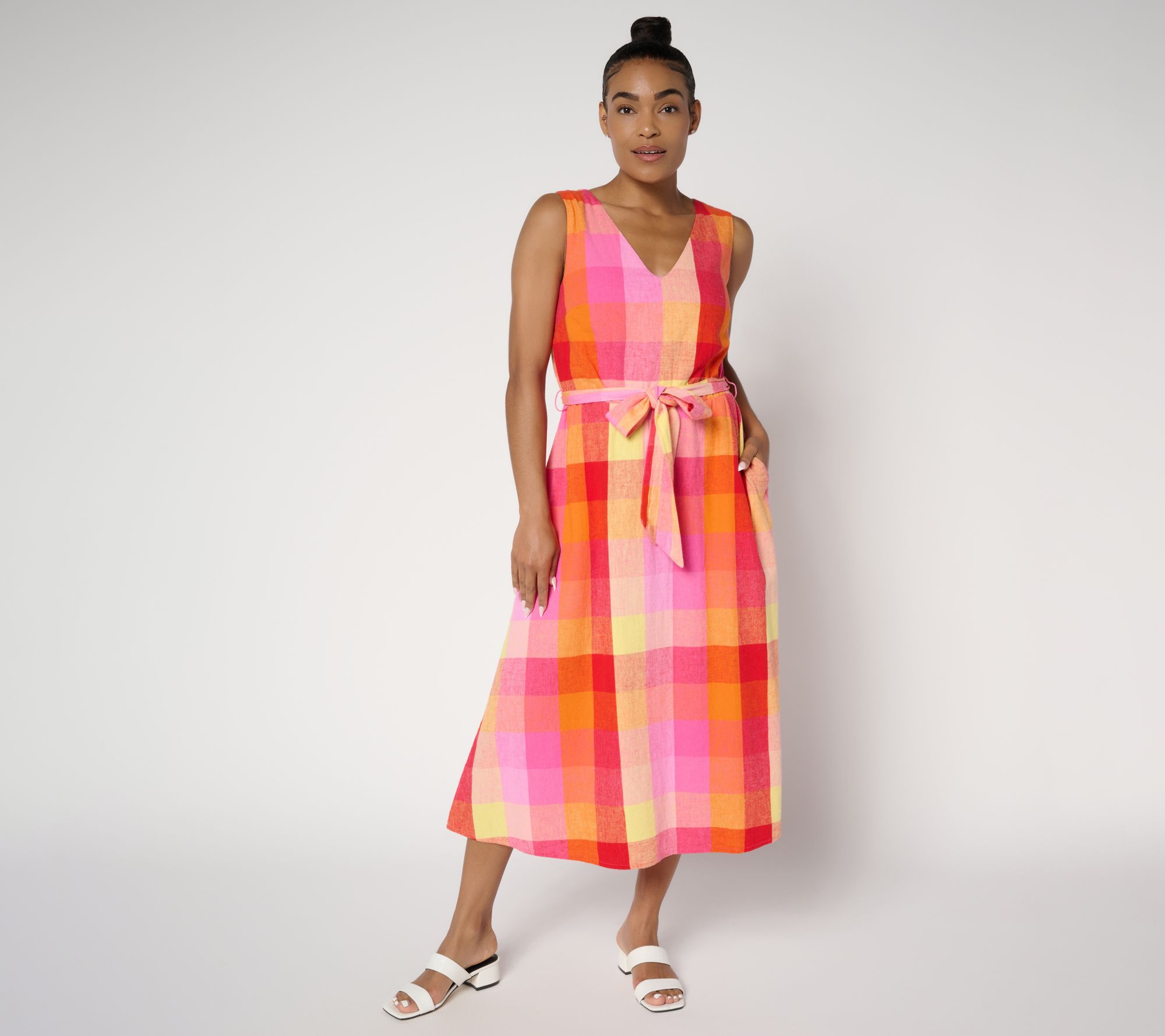 "As Is" Isaac Mizrahi Live! Petite Madras Plaid Midi Dress with Self