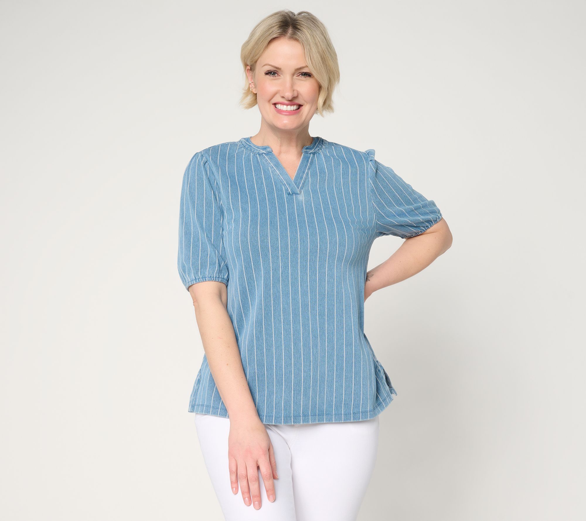 Denim & Co. Comfy Knit Air Elbow Sleeve Split Neck Shirt