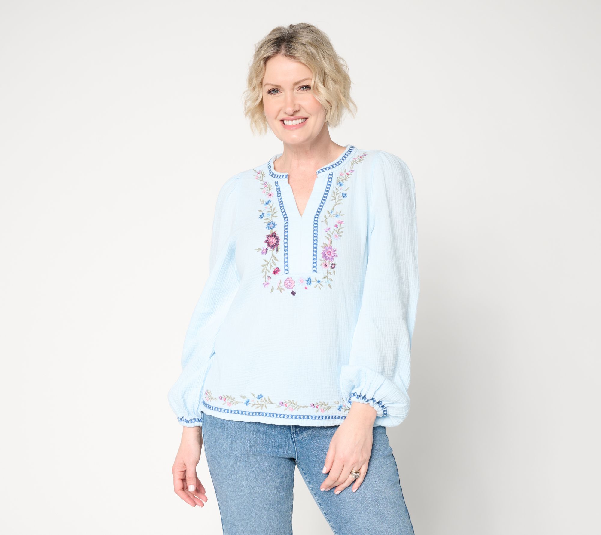 Driftwood Jeans Knit Boho Embroidered Long-Sleeve Top - Bluebird