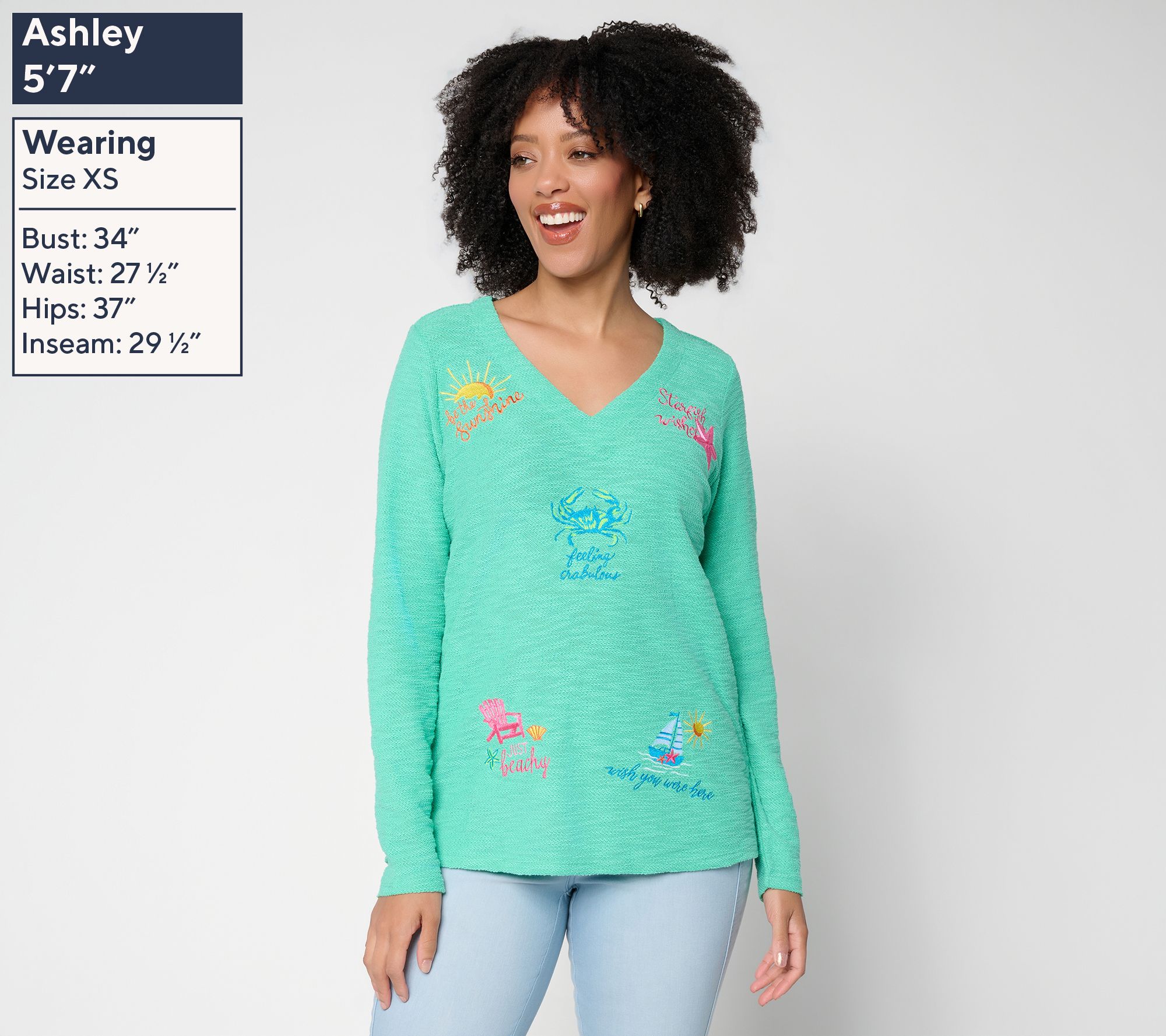 Belle Beach by Kim Gravel Sweatshirt Slub Sun & Sea V-Neck Top