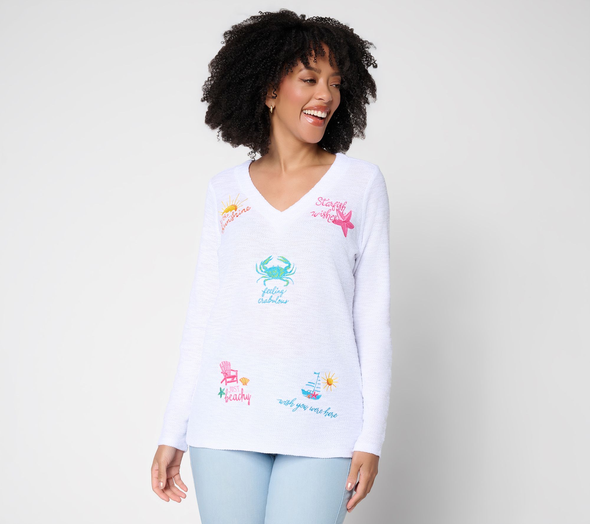 Belle Beach by Kim Gravel Sweatshirt Slub Sun & Sea V-Neck Top