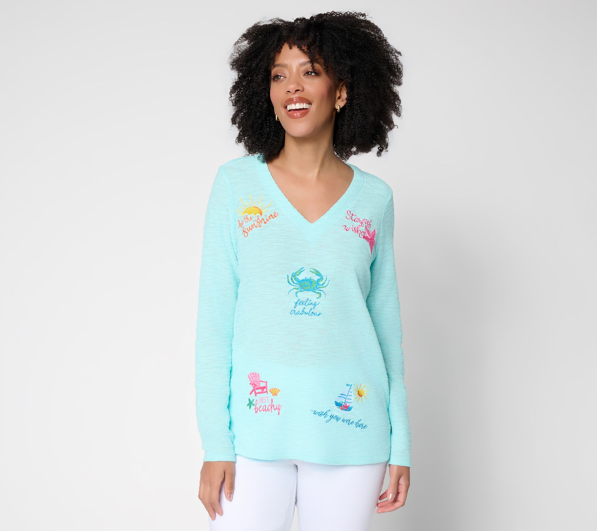 Belle Beach by Kim Gravel Sweatshirt Slub Sun & Sea V-Neck Top