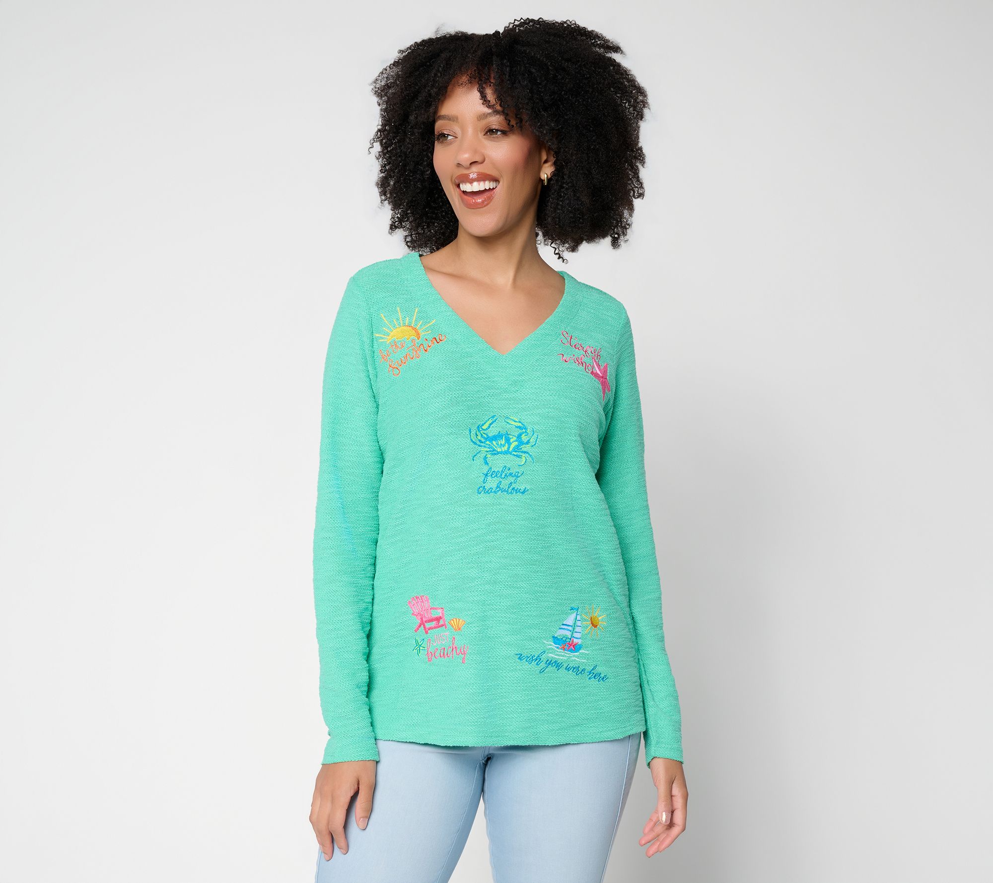 Belle Beach by Kim Gravel Sweatshirt Slub Sun & Sea V-Neck Top