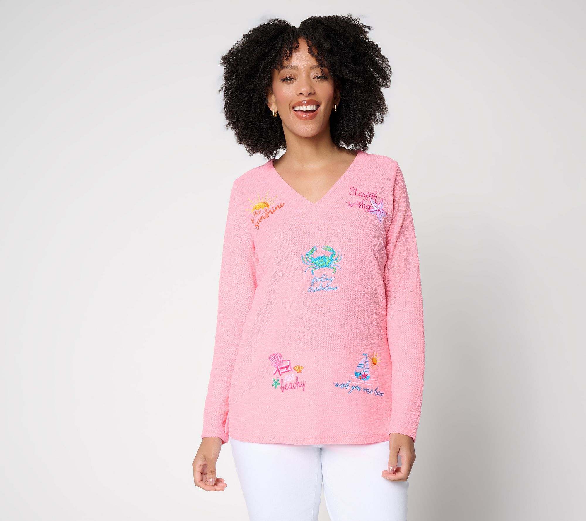 Belle Beach by Kim Gravel Sweatshirt Slub Sun & Sea V-Neck Top