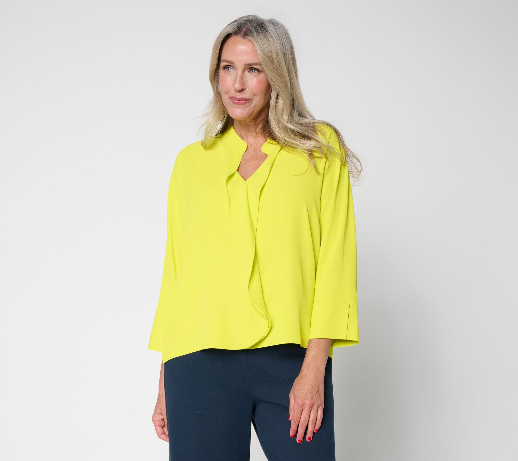  Carla Rockmore Collection Solid Crepe Ruffle Front Blouse